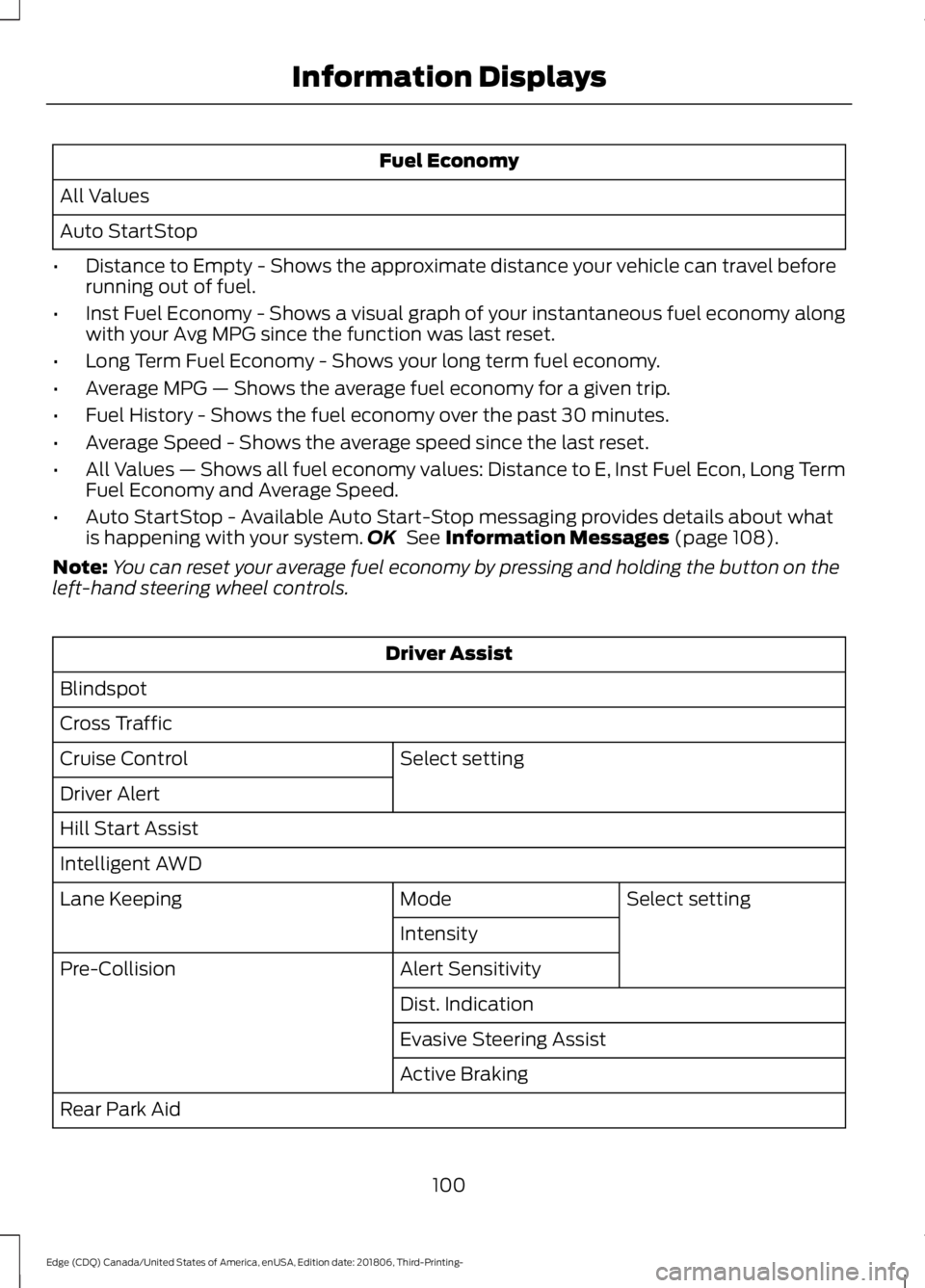 FORD EDGE 2019 User Guide Fuel Economy
All Values
Auto StartStop
• Distance to Empty - Shows the approximate distance your vehicle can travel before
running out of fuel.
• Inst Fuel Economy - Shows a visual graph of your i