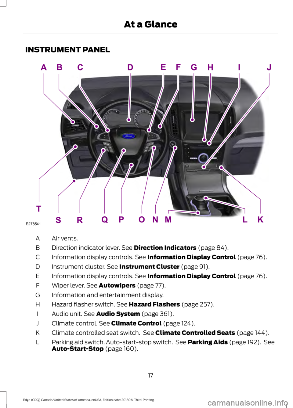 FORD EDGE 2019 Owners Manual INSTRUMENT PANEL
Air vents.
A
Direction indicator lever. See Direction Indicators (page 84).
B
Information display controls.
See Information Display Control (page 76).
C
Instrument cluster.
See Inst FORD EDGE 2019 Owners Manual INSTRUMENT PANEL
Air vents.
A
Direction indicator lever. See Direction Indicators (page 84).
B
Information display controls.
See Information Display Control (page 76).
C
Instrument cluster.
See Inst