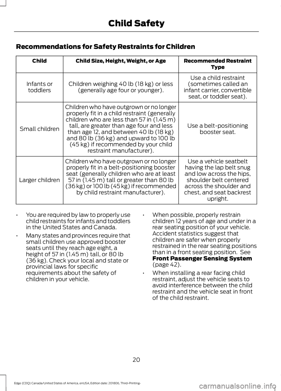 FORD EDGE 2019  Owners Manual Recommendations for Safety Restraints for Children
Recommended Restraint
Type
Child Size, Height, Weight, or Age
Child
Use a child restraint
(sometimes called an
infant carrier, convertible seat, or t