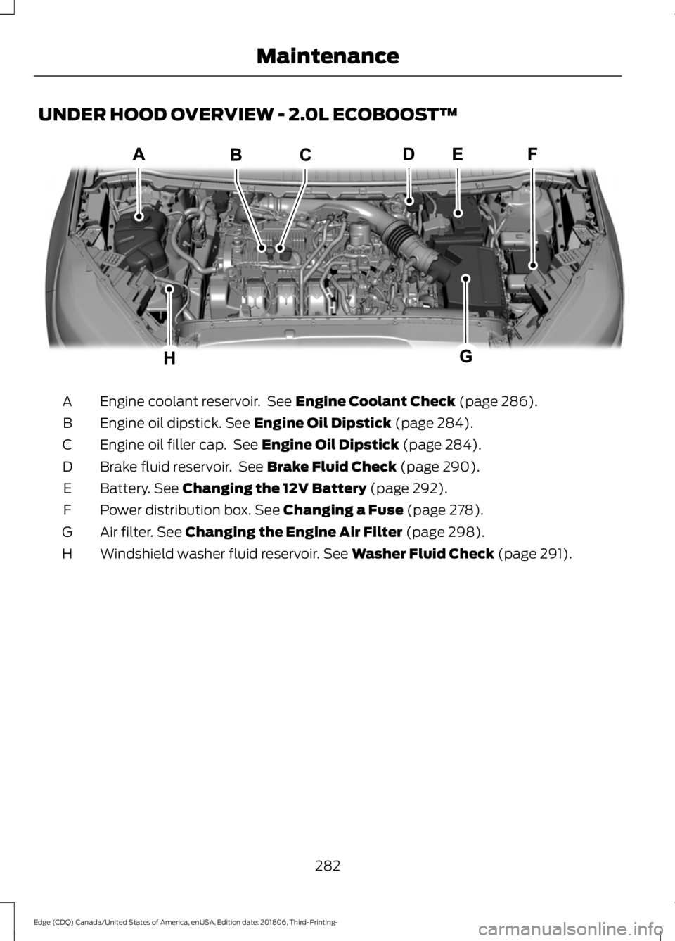 FORD EDGE 2019 Service Manual UNDER HOOD OVERVIEW - 2.0L ECOBOOST™
Engine coolant reservoir.  See Engine Coolant Check (page 286).
A
Engine oil dipstick.
 See Engine Oil Dipstick (page 284).
B
Engine oil filler cap.  See 
Engine