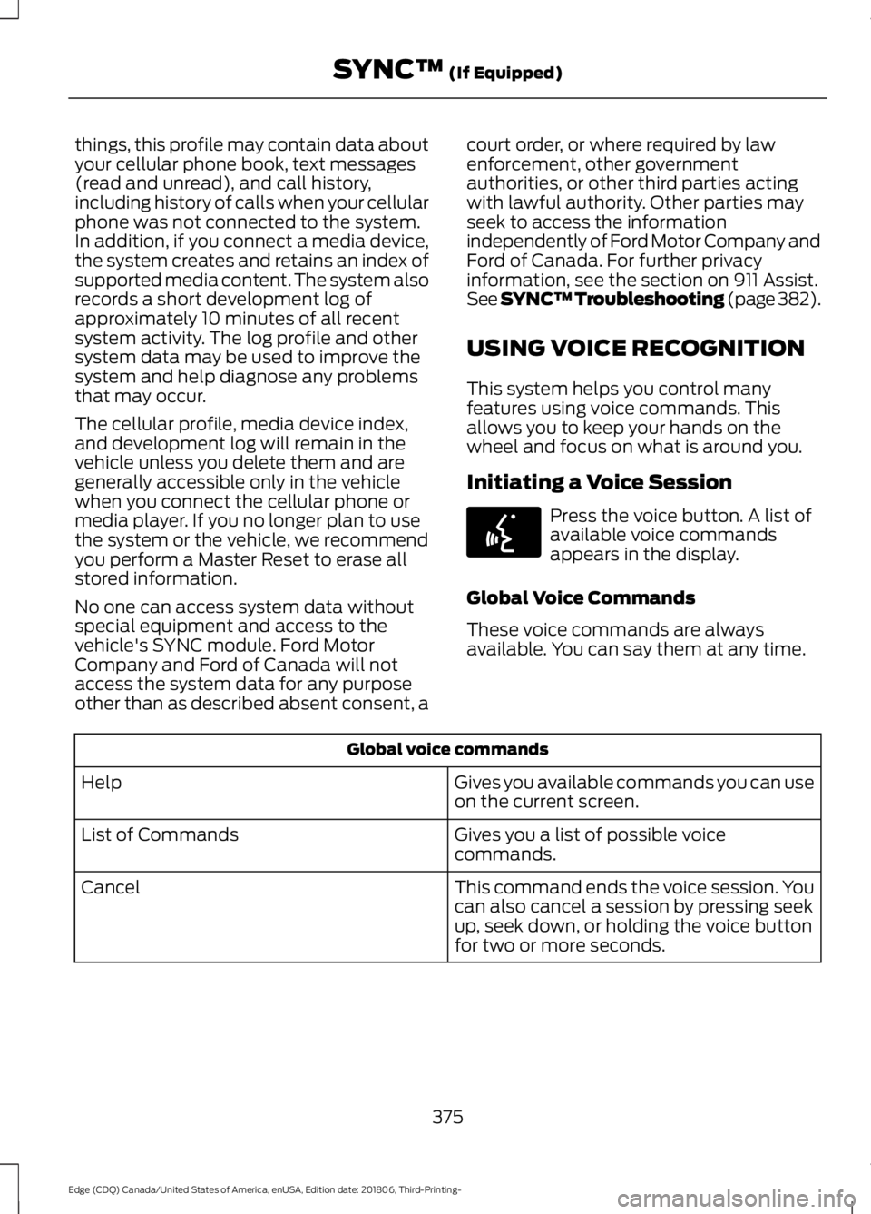 FORD EDGE 2019 Owners Manual things, this profile may contain data about
your cellular phone book, text messages
(read and unread), and call history,
including history of calls when your cellular
phone was not connected to the sy FORD EDGE 2019 Owners Manual things, this profile may contain data about
your cellular phone book, text messages
(read and unread), and call history,
including history of calls when your cellular
phone was not connected to the sy