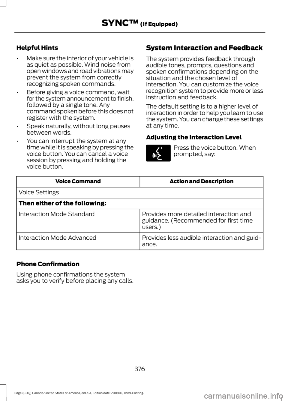 FORD EDGE 2019 Owners Manual Helpful Hints
•
Make sure the interior of your vehicle is
as quiet as possible. Wind noise from
open windows and road vibrations may
prevent the system from correctly
recognizing spoken commands.
†FORD EDGE 2019 Owners Manual Helpful Hints
•
Make sure the interior of your vehicle is
as quiet as possible. Wind noise from
open windows and road vibrations may
prevent the system from correctly
recognizing spoken commands.
â€