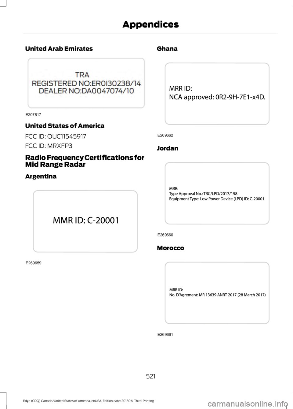 FORD EDGE 2019  Owners Manual United Arab Emirates
United States of America
FCC ID: OUC11545917
FCC ID: MRXFP3
Radio Frequency Certifications for
Mid Range Radar
Argentina Ghana
Jordan
Morocco
521
Edge (CDQ) Canada/United States o