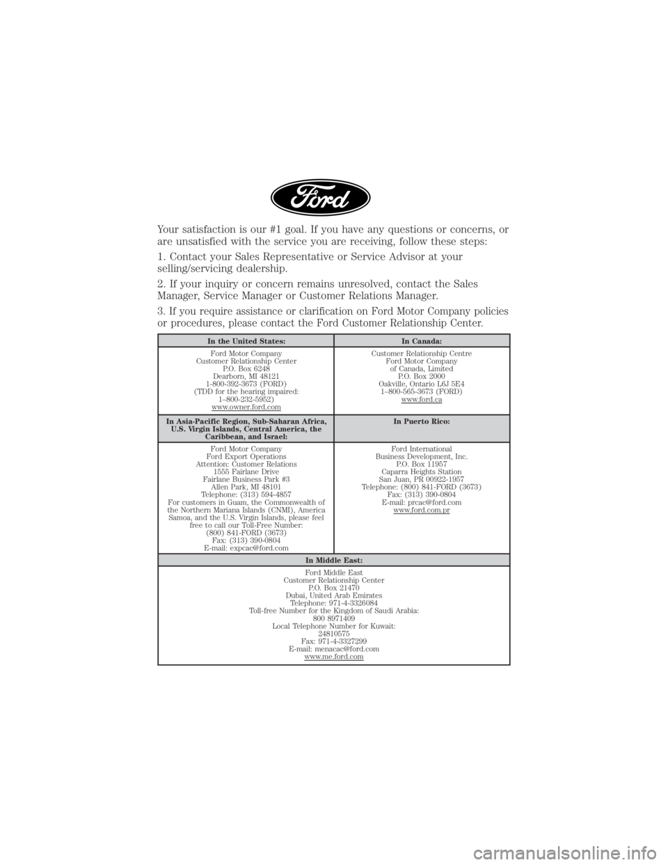FORD EDGE 2019 Warranty Guide Your satisfaction is our #1 goal. If you have any questions or concerns, or
are unsatisfied with the service you are receiving, follow these steps:
1. Contact your Sales Representative or Service Advi FORD EDGE 2019 Warranty Guide Your satisfaction is our #1 goal. If you have any questions or concerns, or
are unsatisfied with the service you are receiving, follow these steps:
1. Contact your Sales Representative or Service Advi