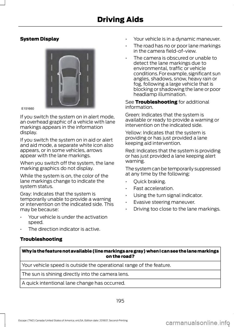 FORD ESCAPE 2019 User Guide System Display
If you switch the system on in alert mode,
an overhead graphic of a vehicle with lane
markings appears in the information
display.
If you switch the system on in aid or alert
and aid mo FORD ESCAPE 2019 User Guide System Display
If you switch the system on in alert mode,
an overhead graphic of a vehicle with lane
markings appears in the information
display.
If you switch the system on in aid or alert
and aid mo
