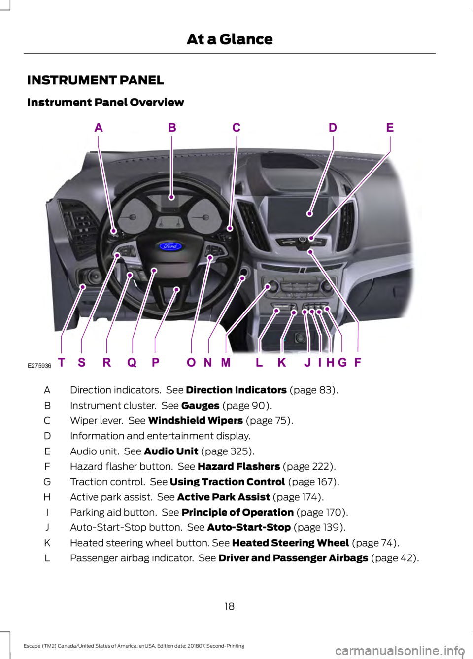 FORD ESCAPE 2019 Owners Manual INSTRUMENT PANEL
Instrument Panel Overview
Direction indicators.  See Direction Indicators (page 83).
A
Instrument cluster.  See 
Gauges (page 90).
B
Wiper lever.  See 
Windshield Wipers (page 75).
C
