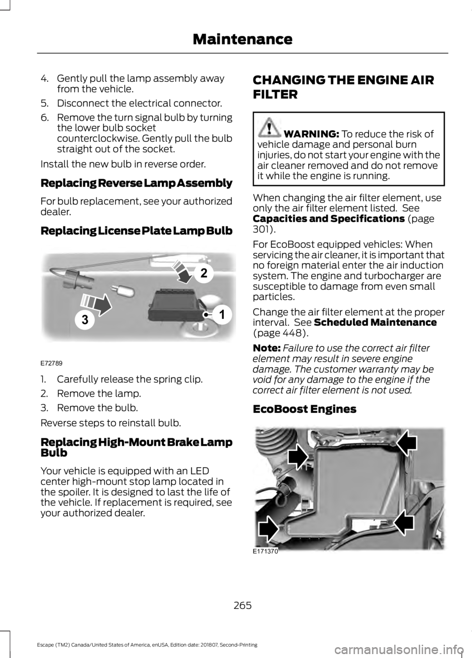 FORD ESCAPE 2019  Owners Manual 4. Gently pull the lamp assembly away
from the vehicle.
5. Disconnect the electrical connector.
6. Remove the turn signal bulb by turning
the lower bulb socket
counterclockwise. Gently pull the bulb
s