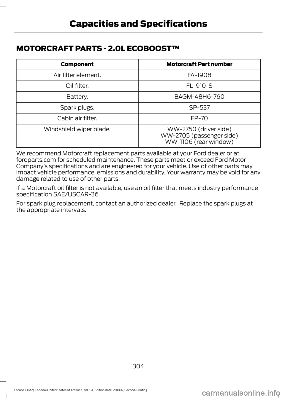 FORD ESCAPE 2019  Owners Manual MOTORCRAFT PARTS - 2.0L ECOBOOST™
Motorcraft Part number
Component
FA-1908
Air filter element.
FL-910-S
Oil filter.
BAGM-48H6-760
Battery.
SP-537
Spark plugs.
FP-70
Cabin air filter.
WW-2750 (driver