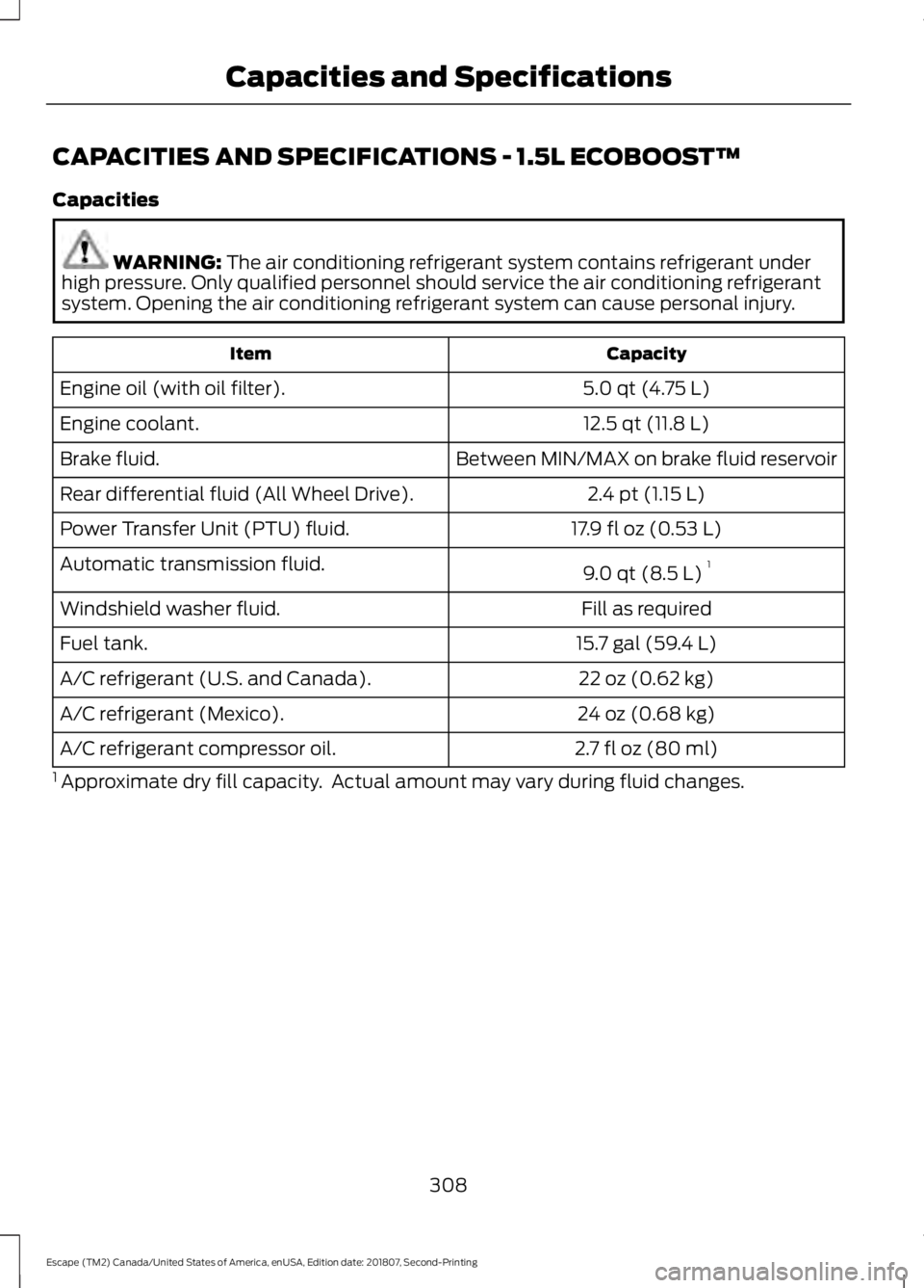 FORD ESCAPE 2019  Owners Manual CAPACITIES AND SPECIFICATIONS - 1.5L ECOBOOST™
Capacities
WARNING: The air conditioning refrigerant system contains refrigerant under
high pressure. Only qualified personnel should service the air c