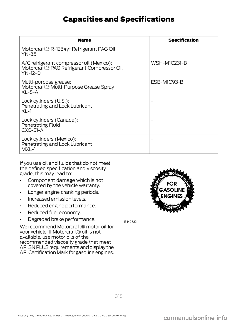 FORD ESCAPE 2019 Owners Manual Specification
Name
Motorcraft® R-1234yf Refrigerant PAG Oil
YN-35 WSH-M1C231-B
A/C refrigerant compressor oil (Mexico):
Motorcraft® PAG Refrigerant Compressor Oil
YN-12-D
ESB-M1C93-B
Multi-purpose g FORD ESCAPE 2019 Owners Manual Specification
Name
Motorcraft® R-1234yf Refrigerant PAG Oil
YN-35 WSH-M1C231-B
A/C refrigerant compressor oil (Mexico):
Motorcraft® PAG Refrigerant Compressor Oil
YN-12-D
ESB-M1C93-B
Multi-purpose g