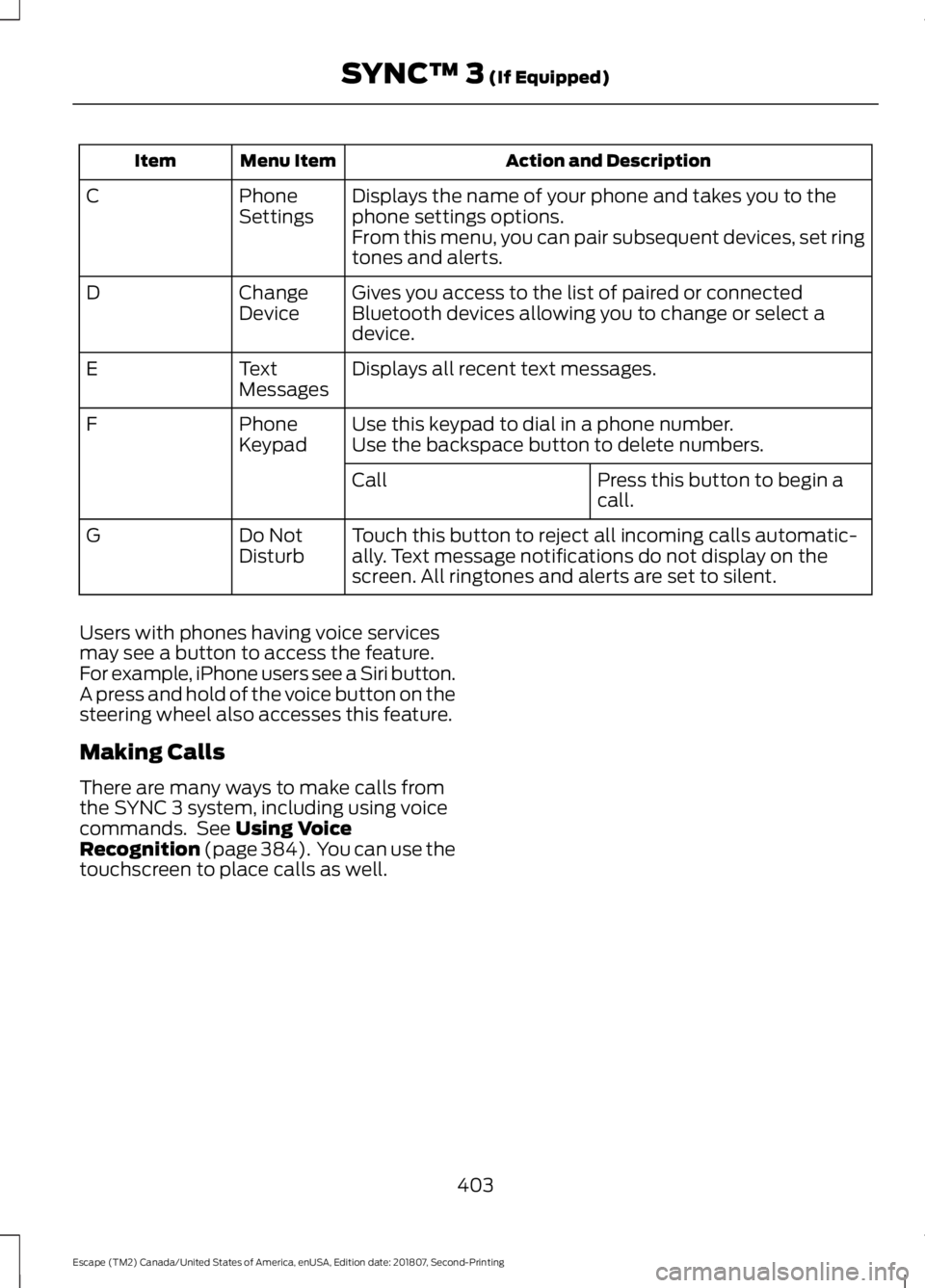 FORD ESCAPE 2019 Owners Manual Action and Description
Menu Item
Item
Displays the name of your phone and takes you to the
phone settings options.
Phone
Settings
C
From this menu, you can pair subsequent devices, set ring
tones and FORD ESCAPE 2019 Owners Manual Action and Description
Menu Item
Item
Displays the name of your phone and takes you to the
phone settings options.
Phone
Settings
C
From this menu, you can pair subsequent devices, set ring
tones and