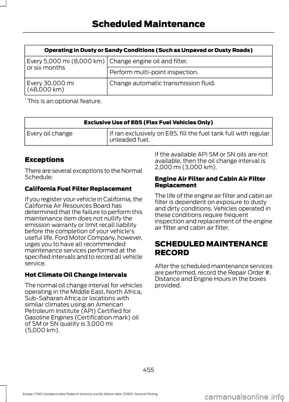 FORD ESCAPE 2019  Owners Manual Operating in Dusty or Sandy Conditions (Such as Unpaved or Dusty Roads)
Change engine oil and filter.
Every 5,000 mi (8,000 km)
or six months Perform multi-point inspection.
Change automatic transmiss