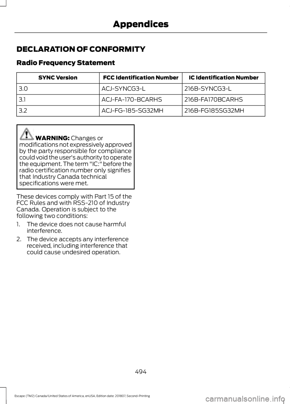 FORD ESCAPE 2019 Owners Manual DECLARATION OF CONFORMITY
Radio Frequency Statement
IC Identification Number
FCC Identification Number
SYNC Version
216B-SYNCG3-L
ACJ-SYNCG3-L
3.0
216B-FA170BCARHS
ACJ-FA-170-BCARHS
3.1
216B-FG185SG32 FORD ESCAPE 2019 Owners Manual DECLARATION OF CONFORMITY
Radio Frequency Statement
IC Identification Number
FCC Identification Number
SYNC Version
216B-SYNCG3-L
ACJ-SYNCG3-L
3.0
216B-FA170BCARHS
ACJ-FA-170-BCARHS
3.1
216B-FG185SG32