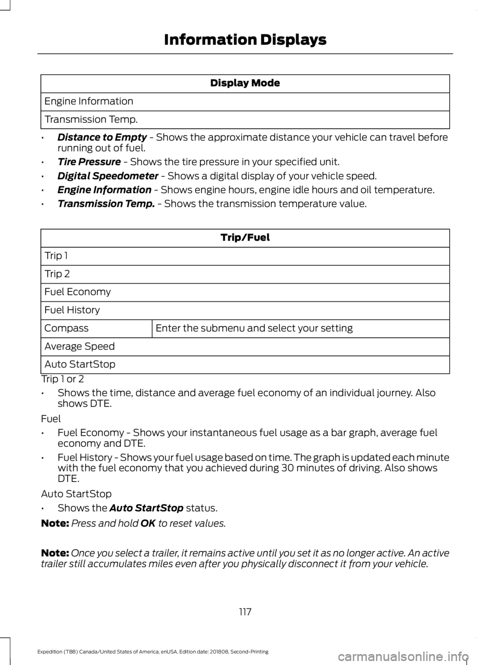 FORD EXPEDITION 2019 Owners Manual Display Mode
Engine Information
Transmission Temp.
• Distance to Empty - Shows the approximate distance your vehicle can travel before
running out of fuel.
• Tire Pressure
- Shows the tire pressu FORD EXPEDITION 2019 Owners Manual Display Mode
Engine Information
Transmission Temp.
• Distance to Empty - Shows the approximate distance your vehicle can travel before
running out of fuel.
• Tire Pressure
- Shows the tire pressu