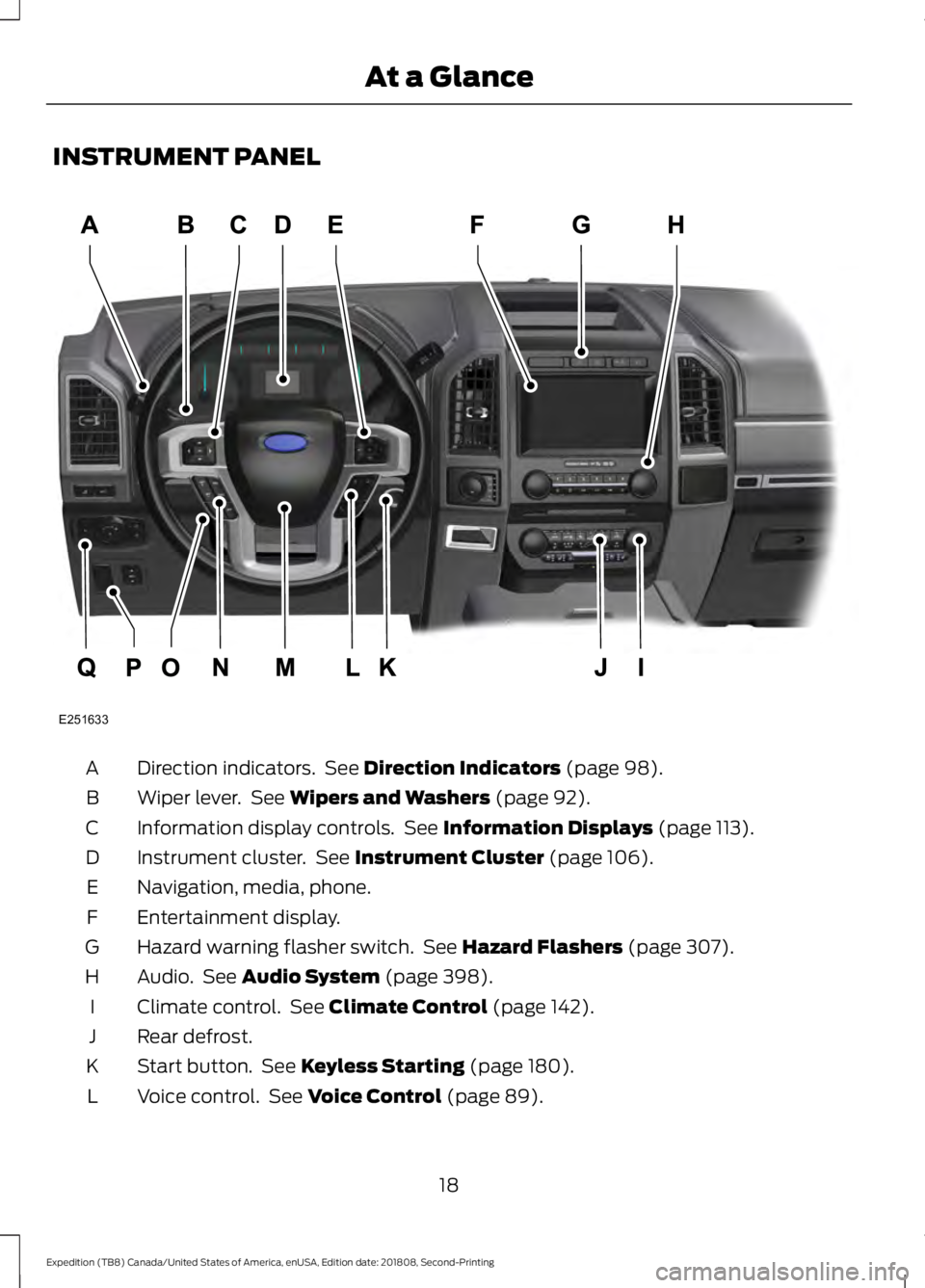 FORD EXPEDITION 2019  Owners Manual INSTRUMENT PANEL
Direction indicators.  See Direction Indicators (page 98).
A
Wiper lever.  See 
Wipers and Washers (page 92).
B
Information display controls.  See 
Information Displays (page 113).
C
