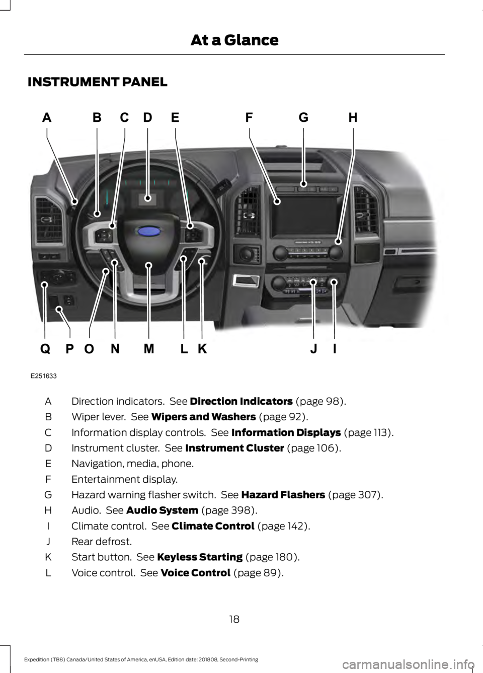FORD EXPEDITION 2019 Owners Manual INSTRUMENT PANEL
Direction indicators.  See Direction Indicators (page 98).
A
Wiper lever.  See 
Wipers and Washers (page 92).
B
Information display controls.  See 
Information Displays (page 113).
C
