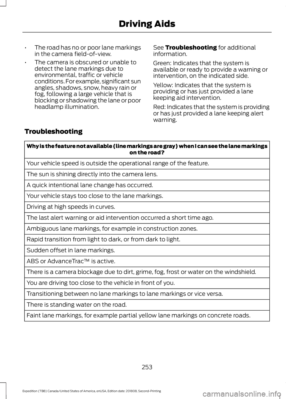 FORD EXPEDITION 2019 Owners Manual •
The road has no or poor lane markings
in the camera field-of-view.
• The camera is obscured or unable to
detect the lane markings due to
environmental, traffic or vehicle
conditions. For example FORD EXPEDITION 2019 Owners Manual •
The road has no or poor lane markings
in the camera field-of-view.
• The camera is obscured or unable to
detect the lane markings due to
environmental, traffic or vehicle
conditions. For example