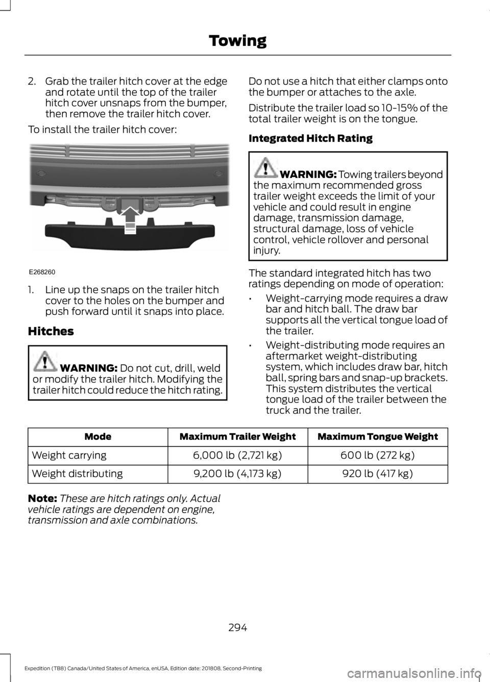 FORD EXPEDITION 2019  Owners Manual 2.
Grab the trailer hitch cover at the edge
and rotate until the top of the trailer
hitch cover unsnaps from the bumper,
then remove the trailer hitch cover.
To install the trailer hitch cover: 1. Lin