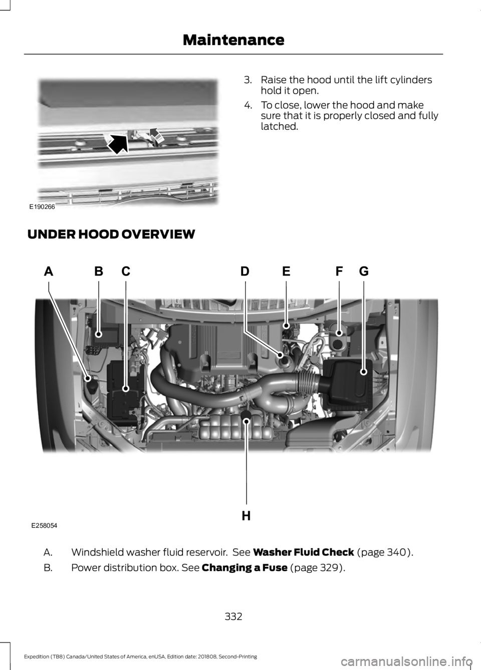 FORD EXPEDITION 2019 Owners Manual 3. Raise the hood until the lift cylinders
hold it open.
4. To close, lower the hood and make sure that it is properly closed and fully
latched.
UNDER HOOD OVERVIEW Windshield washer fluid reservoir. FORD EXPEDITION 2019 Owners Manual 3. Raise the hood until the lift cylinders
hold it open.
4. To close, lower the hood and make sure that it is properly closed and fully
latched.
UNDER HOOD OVERVIEW Windshield washer fluid reservoir.