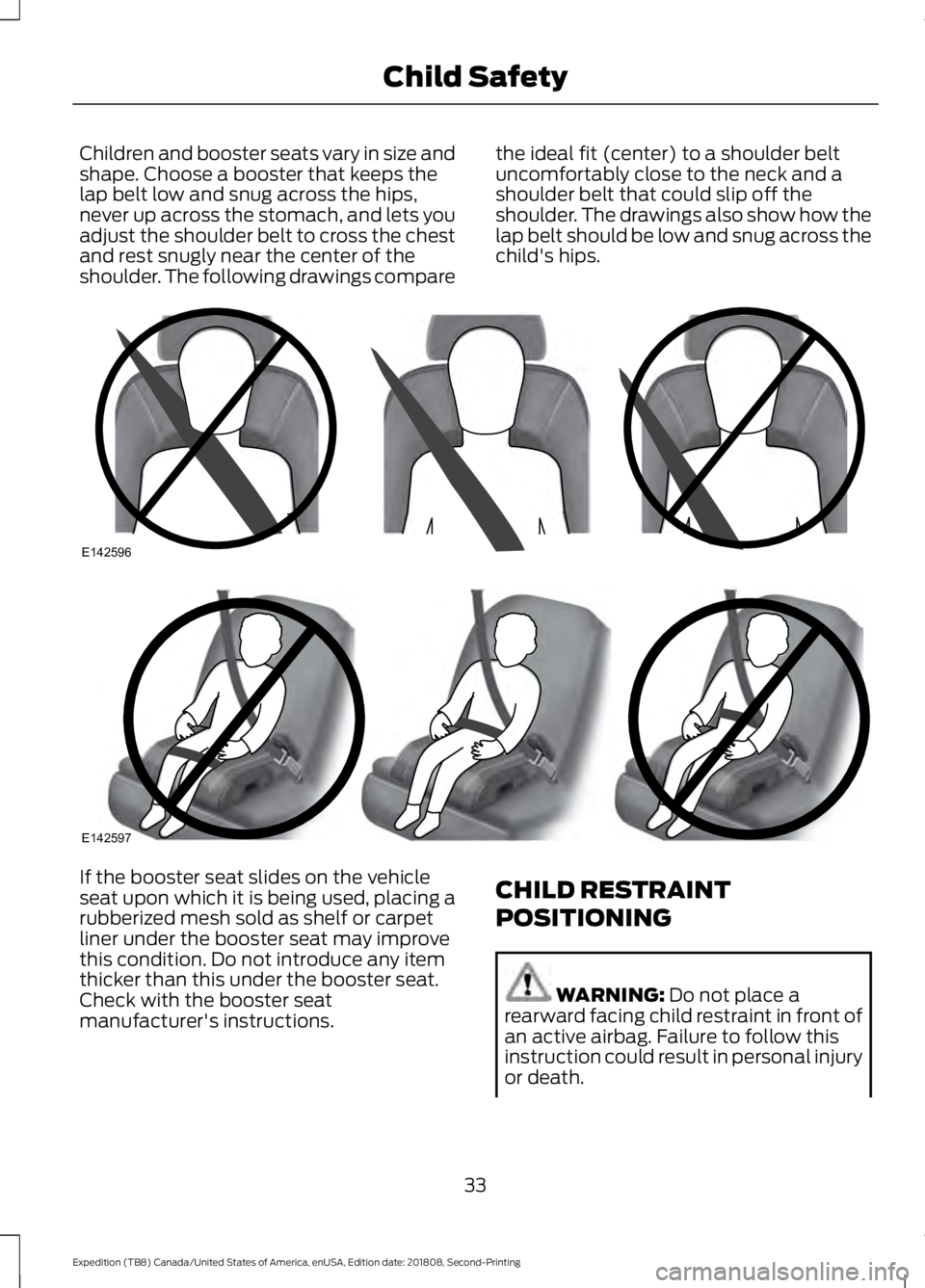 FORD EXPEDITION 2019 Owners Guide Children and booster seats vary in size and
shape. Choose a booster that keeps the
lap belt low and snug across the hips,
never up across the stomach, and lets you
adjust the shoulder belt to cross th FORD EXPEDITION 2019 Owners Guide Children and booster seats vary in size and
shape. Choose a booster that keeps the
lap belt low and snug across the hips,
never up across the stomach, and lets you
adjust the shoulder belt to cross th