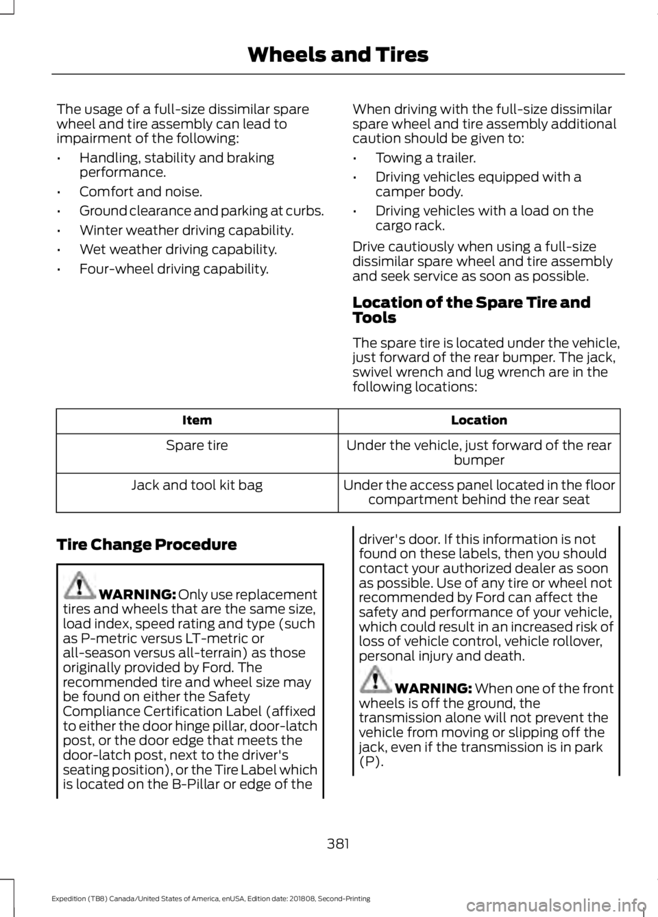 FORD EXPEDITION 2019 Owners Manual The usage of a full-size dissimilar spare
wheel and tire assembly can lead to
impairment of the following:
•
Handling, stability and braking
performance.
• Comfort and noise.
• Ground clearance FORD EXPEDITION 2019 Owners Manual The usage of a full-size dissimilar spare
wheel and tire assembly can lead to
impairment of the following:
•
Handling, stability and braking
performance.
• Comfort and noise.
• Ground clearance