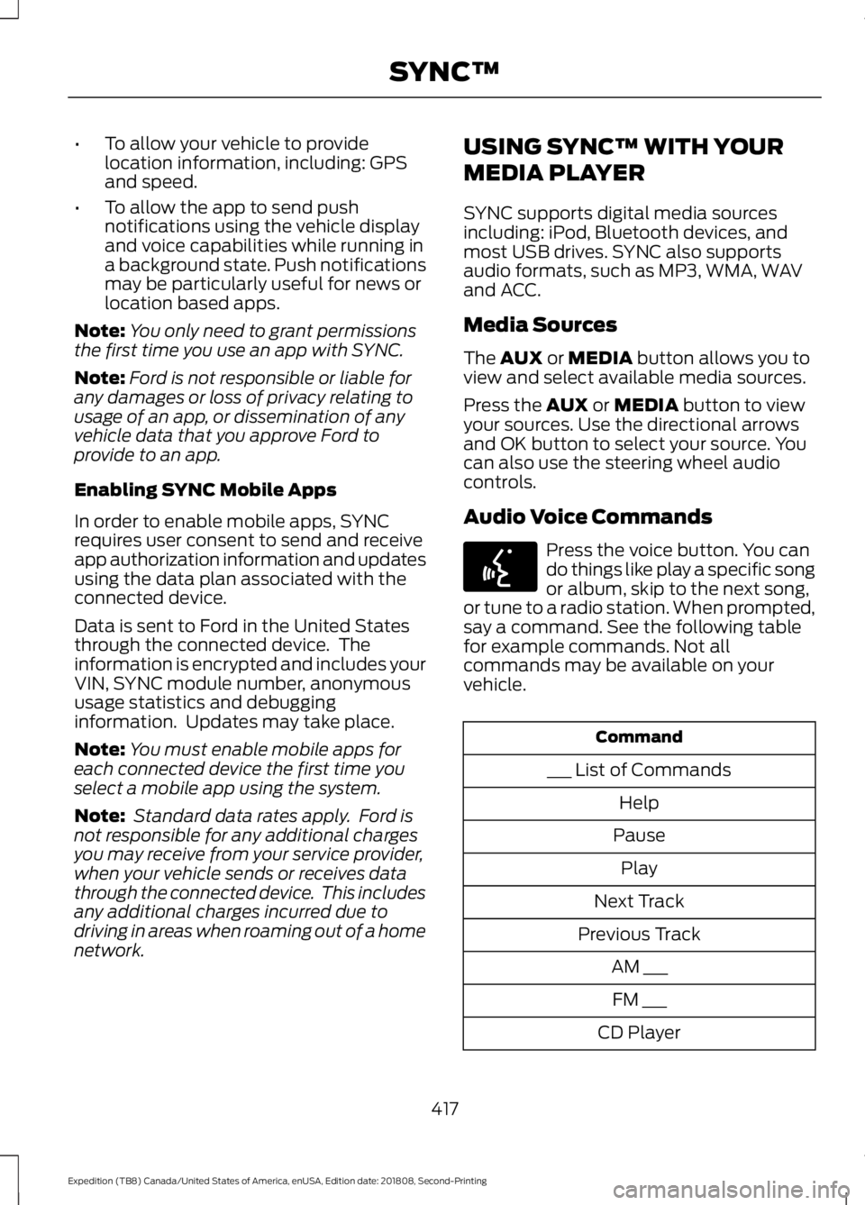 FORD EXPEDITION 2019 Owners Manual •
To allow your vehicle to provide
location information, including: GPS
and speed.
• To allow the app to send push
notifications using the vehicle display
and voice capabilities while running in
a FORD EXPEDITION 2019 Owners Manual •
To allow your vehicle to provide
location information, including: GPS
and speed.
• To allow the app to send push
notifications using the vehicle display
and voice capabilities while running in
a