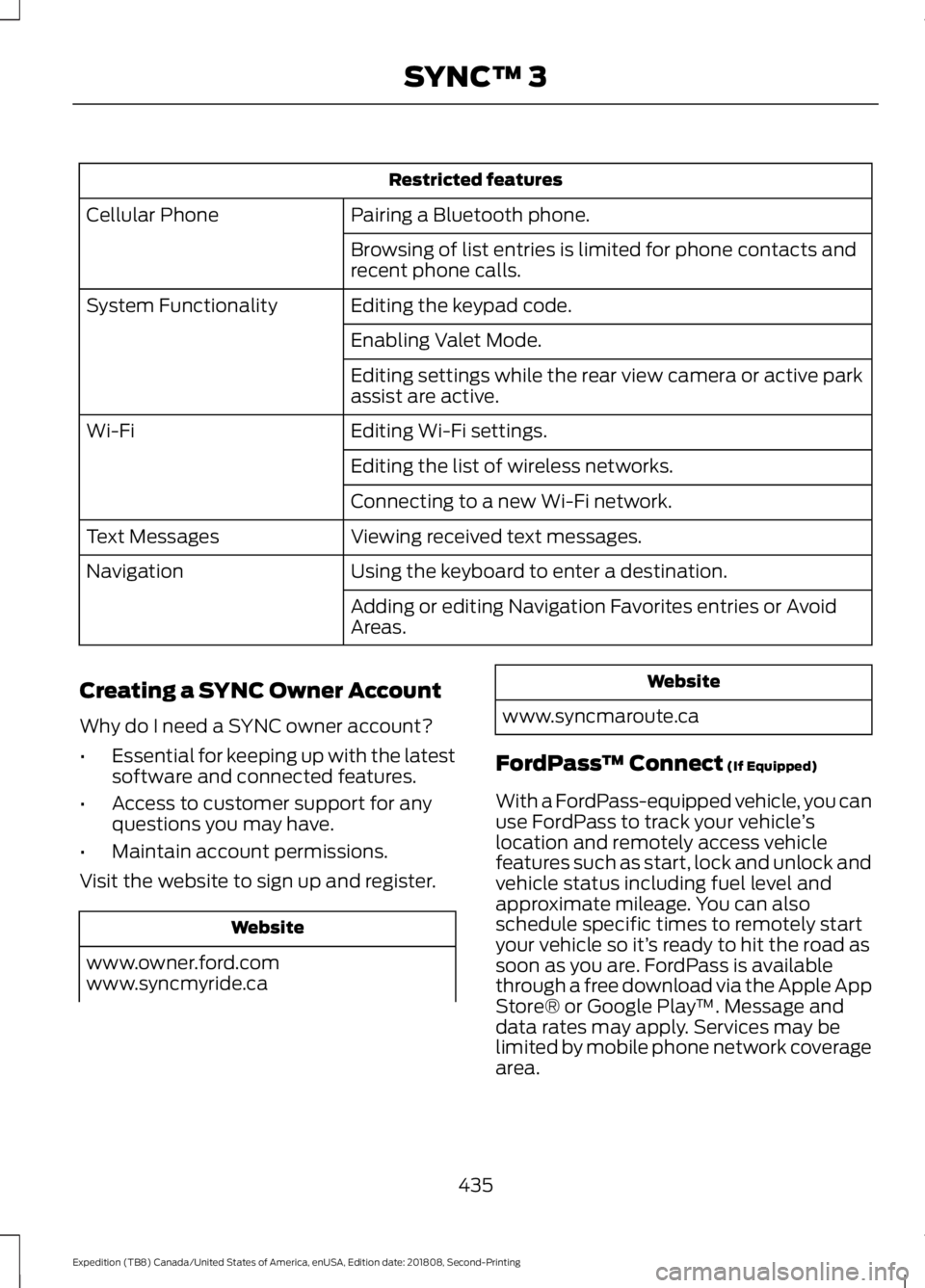 FORD EXPEDITION 2019 Owners Manual Restricted features
Pairing a Bluetooth phone.
Cellular Phone
Browsing of list entries is limited for phone contacts and
recent phone calls.
Editing the keypad code.
System Functionality
Enabling Vale FORD EXPEDITION 2019 Owners Manual Restricted features
Pairing a Bluetooth phone.
Cellular Phone
Browsing of list entries is limited for phone contacts and
recent phone calls.
Editing the keypad code.
System Functionality
Enabling Vale
