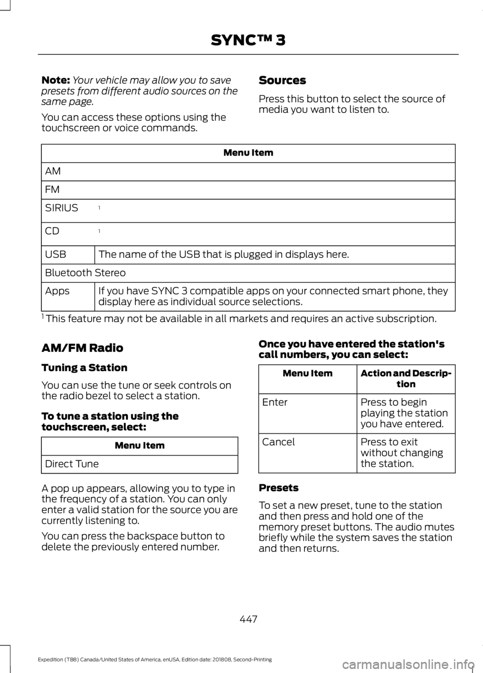 FORD EXPEDITION 2019 Owners Manual Note:
Your vehicle may allow you to save
presets from different audio sources on the
same page.
You can access these options using the
touchscreen or voice commands. Sources
Press this button to selec FORD EXPEDITION 2019 Owners Manual Note:
Your vehicle may allow you to save
presets from different audio sources on the
same page.
You can access these options using the
touchscreen or voice commands. Sources
Press this button to selec
