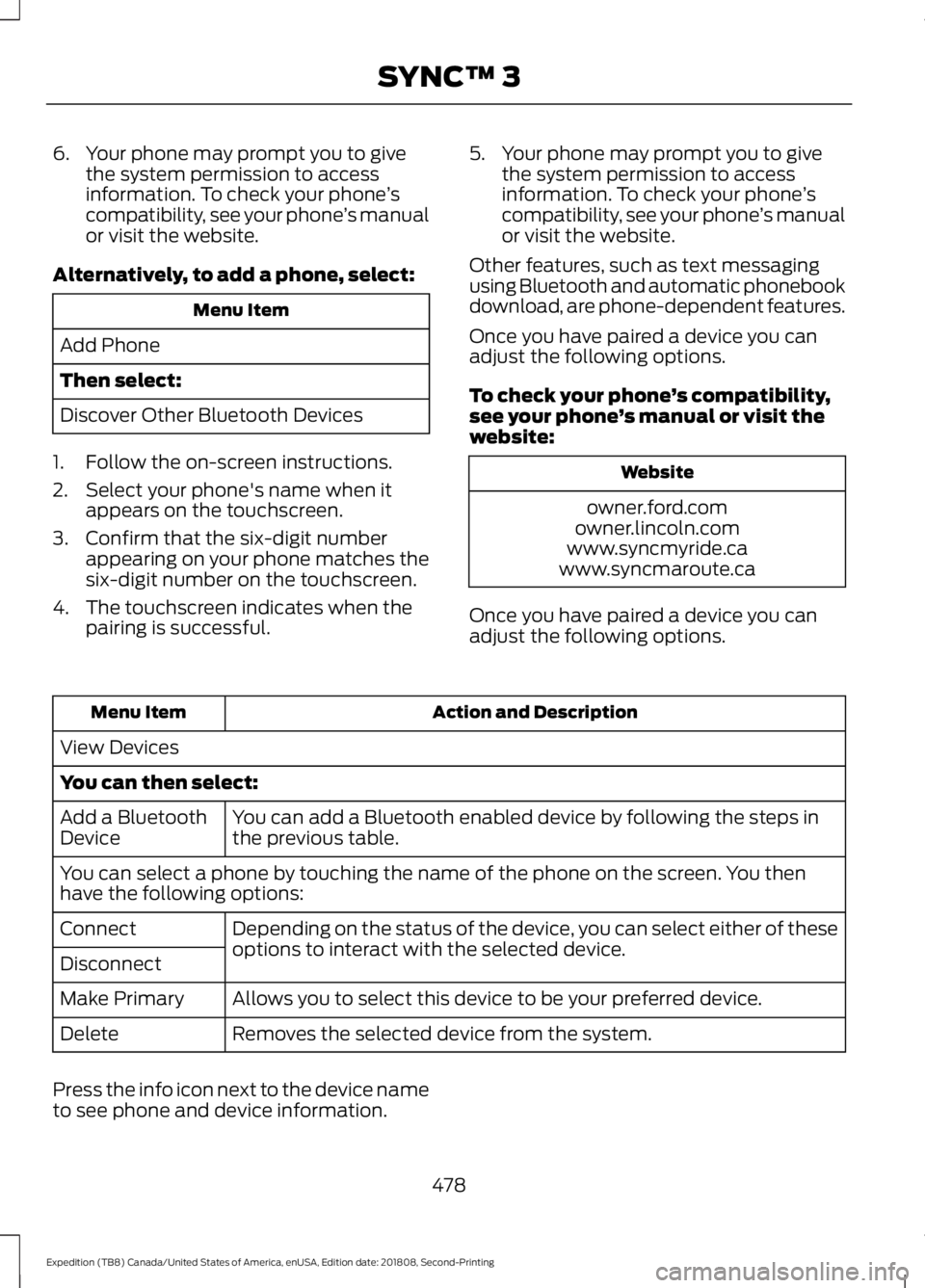 FORD EXPEDITION 2019  Owners Manual 6. Your phone may prompt you to give
the system permission to access
information. To check your phone ’s
compatibility, see your phone ’s manual
or visit the website.
Alternatively, to add a phone