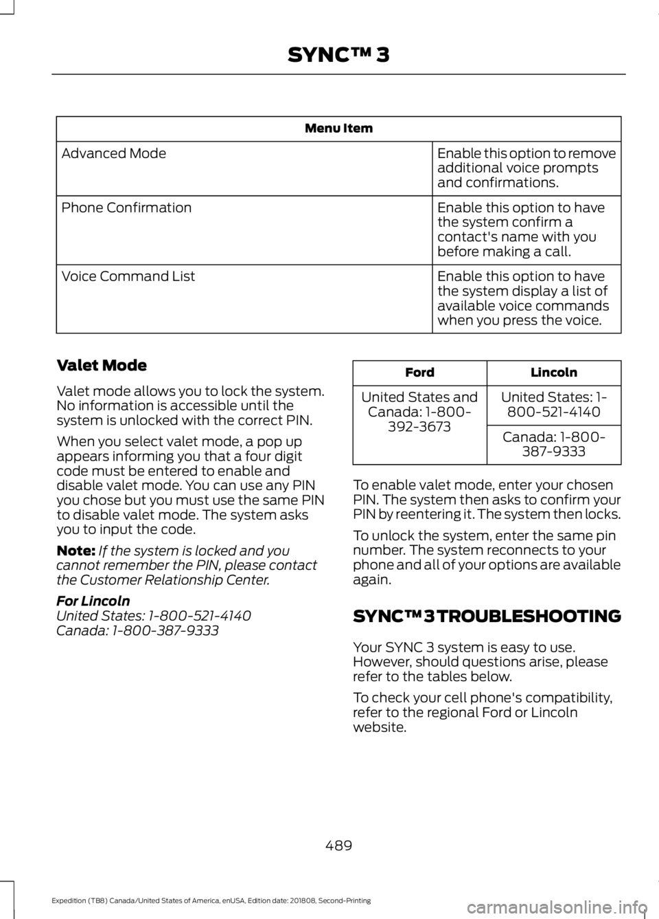 FORD EXPEDITION 2019 Owners Manual Menu Item
Enable this option to remove
additional voice prompts
and confirmations.
Advanced Mode
Enable this option to have
the system confirm a
contact's name with you
before making a call.
Phone FORD EXPEDITION 2019 Owners Manual Menu Item
Enable this option to remove
additional voice prompts
and confirmations.
Advanced Mode
Enable this option to have
the system confirm a
contact's name with you
before making a call.
Phone