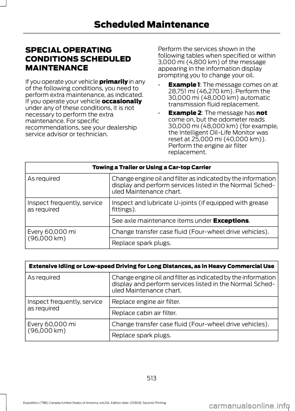 FORD EXPEDITION 2019  Owners Manual SPECIAL OPERATING
CONDITIONS SCHEDULED
MAINTENANCE
If you operate your vehicle primarily in any
of the following conditions, you need to
perform extra maintenance, as indicated.
If you operate your ve