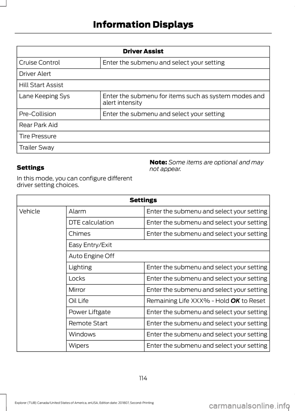 FORD EXPLORER 2019 Owners Manual Driver Assist
Enter the submenu and select your setting
Cruise Control
Driver Alert
Hill Start Assist
Enter the submenu for items such as system modes and
alert intensity
Lane Keeping Sys
Enter the su FORD EXPLORER 2019 Owners Manual Driver Assist
Enter the submenu and select your setting
Cruise Control
Driver Alert
Hill Start Assist
Enter the submenu for items such as system modes and
alert intensity
Lane Keeping Sys
Enter the su
