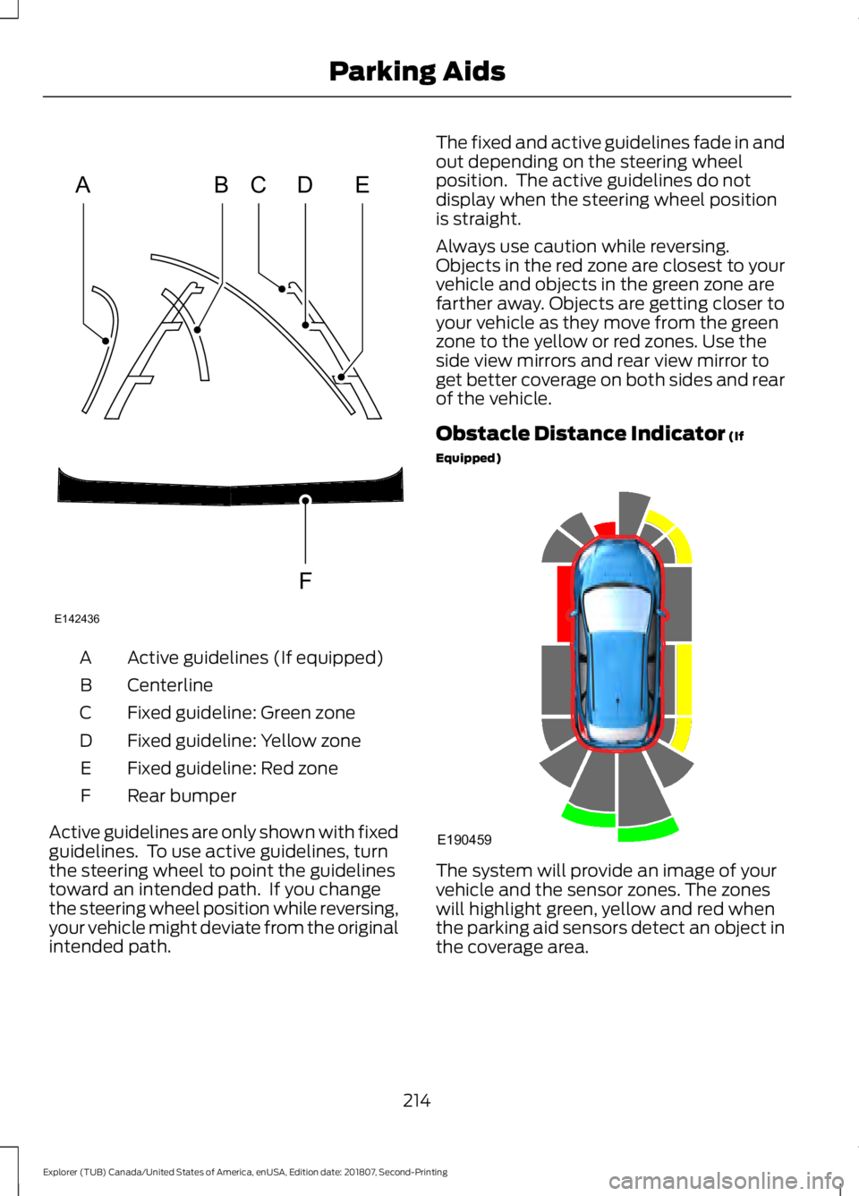 FORD EXPLORER 2019 Owners Manual Active guidelines (If equipped)
A
Centerline
B
Fixed guideline: Green zone
C
Fixed guideline: Yellow zone
D
Fixed guideline: Red zone
E
Rear bumper
F
Active guidelines are only shown with fixed
guidel FORD EXPLORER 2019 Owners Manual Active guidelines (If equipped)
A
Centerline
B
Fixed guideline: Green zone
C
Fixed guideline: Yellow zone
D
Fixed guideline: Red zone
E
Rear bumper
F
Active guidelines are only shown with fixed
guidel