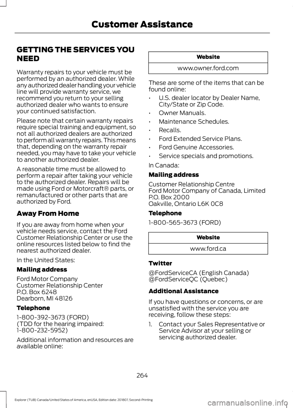 FORD EXPLORER 2019 Owners Manual GETTING THE SERVICES YOU
NEED
Warranty repairs to your vehicle must be
performed by an authorized dealer. While
any authorized dealer handling your vehicle
line will provide warranty service, we
recom FORD EXPLORER 2019 Owners Manual GETTING THE SERVICES YOU
NEED
Warranty repairs to your vehicle must be
performed by an authorized dealer. While
any authorized dealer handling your vehicle
line will provide warranty service, we
recom