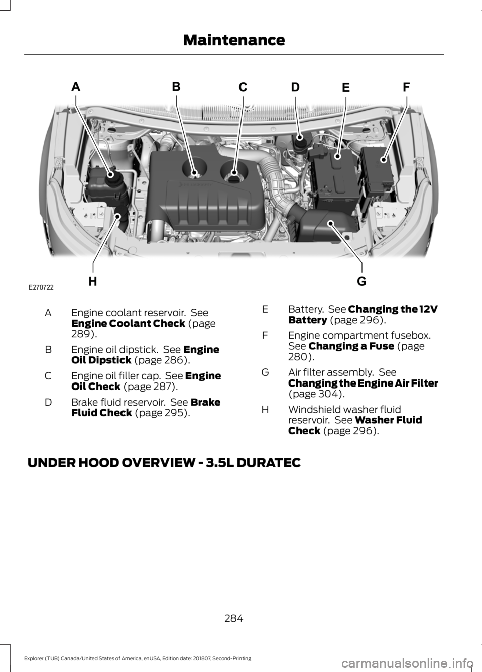 FORD EXPLORER 2019 Owners Manual Engine coolant reservoir. See
Engine Coolant Check (page
289).
A
Engine oil dipstick. See
Engine
Oil Dipstick (page 286).
B
Engine oil filler cap. See Engine
Oil Check
(page 287).
C
Brake fluid r FORD EXPLORER 2019 Owners Manual Engine coolant reservoir. See
Engine Coolant Check (page
289).
A
Engine oil dipstick. See
Engine
Oil Dipstick (page 286).
B
Engine oil filler cap. See Engine
Oil Check
(page 287).
C
Brake fluid r