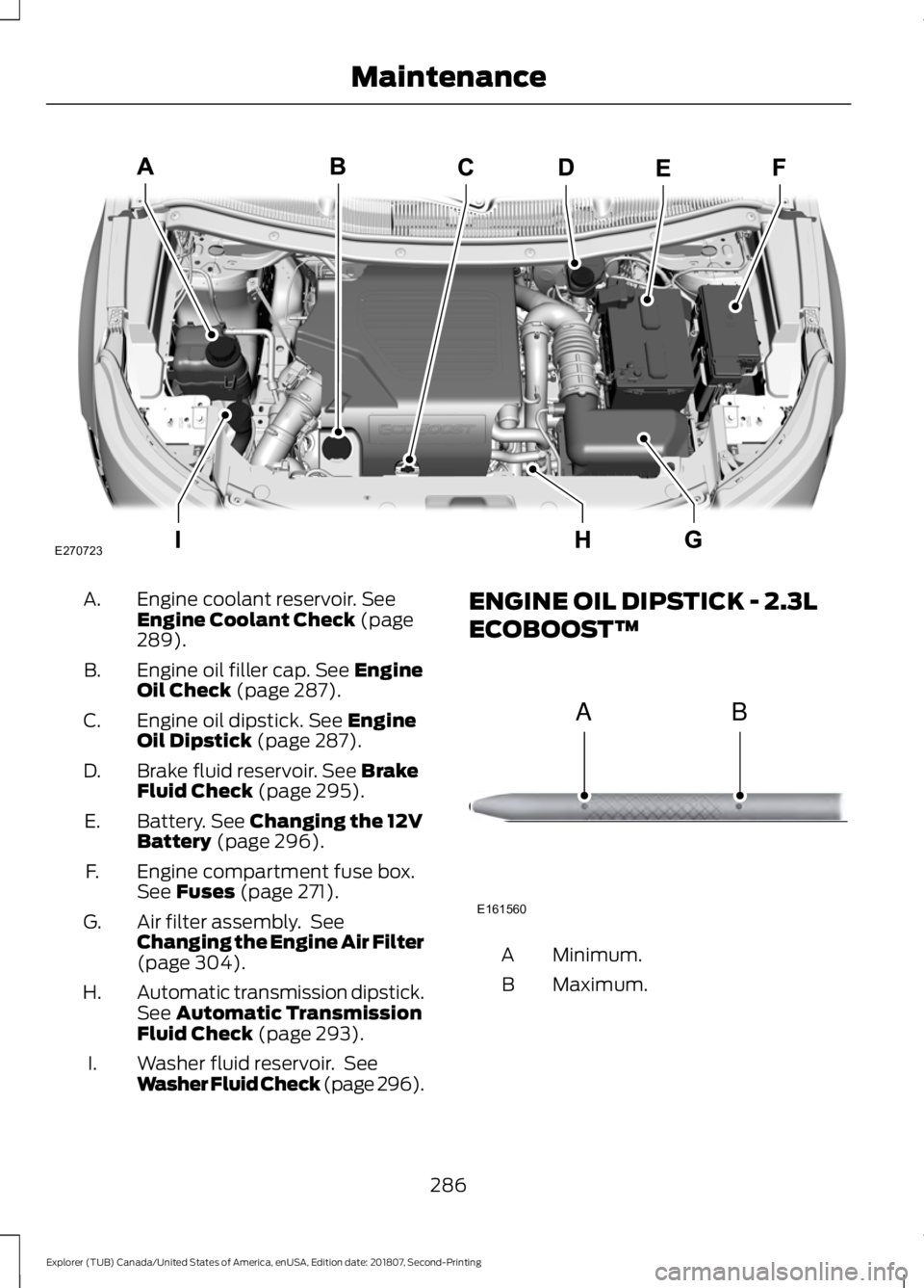 FORD EXPLORER 2019 Owners Manual Engine coolant reservoir. See
Engine Coolant Check (page
289).
A.
Engine oil filler cap.
See Engine
Oil Check (page 287).
B.
Engine oil dipstick.
See Engine
Oil Dipstick (page 287).
C.
Brake fluid r FORD EXPLORER 2019 Owners Manual Engine coolant reservoir. See
Engine Coolant Check (page
289).
A.
Engine oil filler cap.
See Engine
Oil Check (page 287).
B.
Engine oil dipstick.
See Engine
Oil Dipstick (page 287).
C.
Brake fluid r