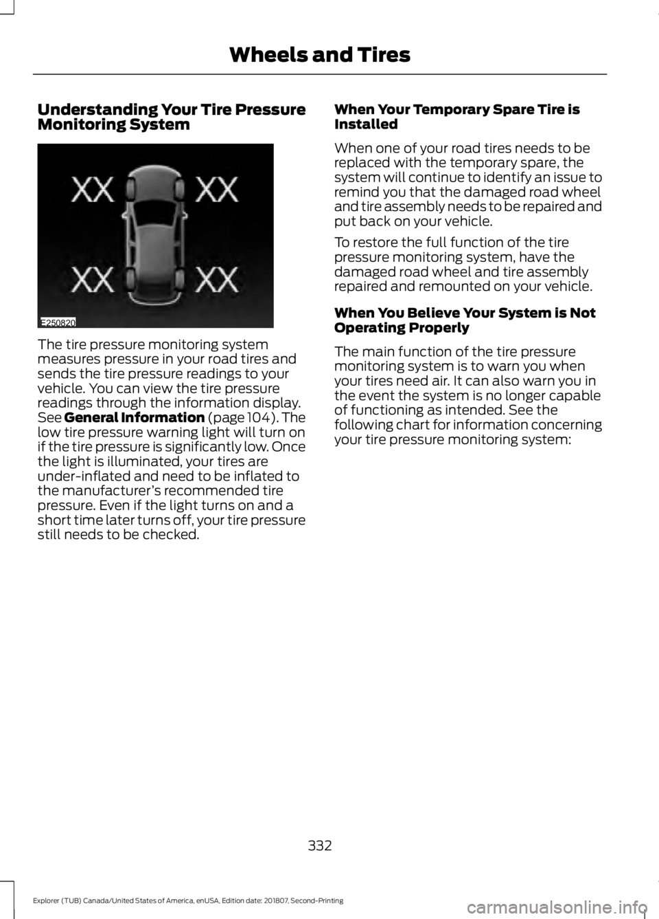 FORD EXPLORER 2019 Owners Manual Understanding Your Tire Pressure
Monitoring System
The tire pressure monitoring system
measures pressure in your road tires and
sends the tire pressure readings to your
vehicle. You can view the tire FORD EXPLORER 2019 Owners Manual Understanding Your Tire Pressure
Monitoring System
The tire pressure monitoring system
measures pressure in your road tires and
sends the tire pressure readings to your
vehicle. You can view the tire