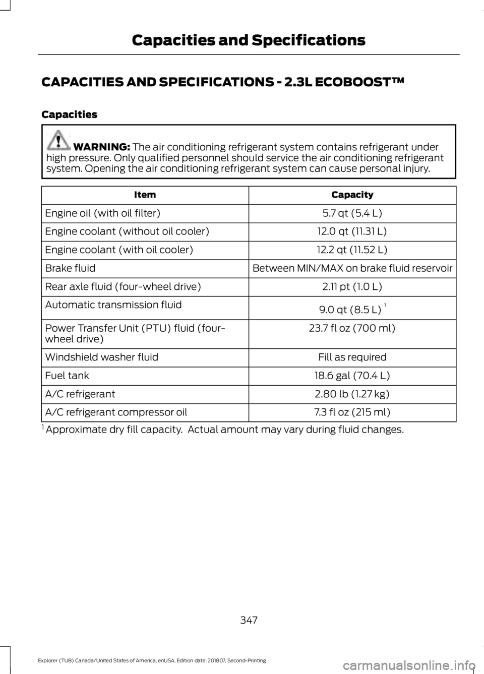 FORD EXPLORER 2019 Owners Manual CAPACITIES AND SPECIFICATIONS - 2.3L ECOBOOST™
Capacities
WARNING: The air conditioning refrigerant system contains refrigerant under
high pressure. Only qualified personnel should service the air c FORD EXPLORER 2019 Owners Manual CAPACITIES AND SPECIFICATIONS - 2.3L ECOBOOST™
Capacities
WARNING: The air conditioning refrigerant system contains refrigerant under
high pressure. Only qualified personnel should service the air c