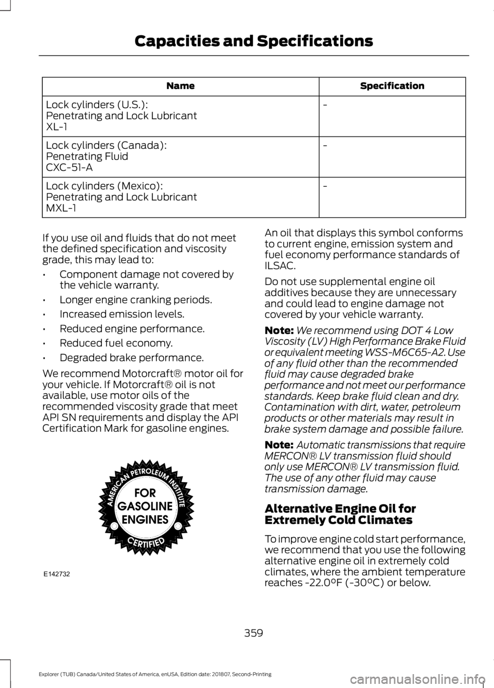 FORD EXPLORER 2019 Owners Manual Specification
Name
-
Lock cylinders (U.S.):
Penetrating and Lock Lubricant
XL-1
-
Lock cylinders (Canada):
Penetrating Fluid
CXC-51-A
-
Lock cylinders (Mexico):
Penetrating and Lock Lubricant
MXL-1
If FORD EXPLORER 2019 Owners Manual Specification
Name
-
Lock cylinders (U.S.):
Penetrating and Lock Lubricant
XL-1
-
Lock cylinders (Canada):
Penetrating Fluid
CXC-51-A
-
Lock cylinders (Mexico):
Penetrating and Lock Lubricant
MXL-1
If