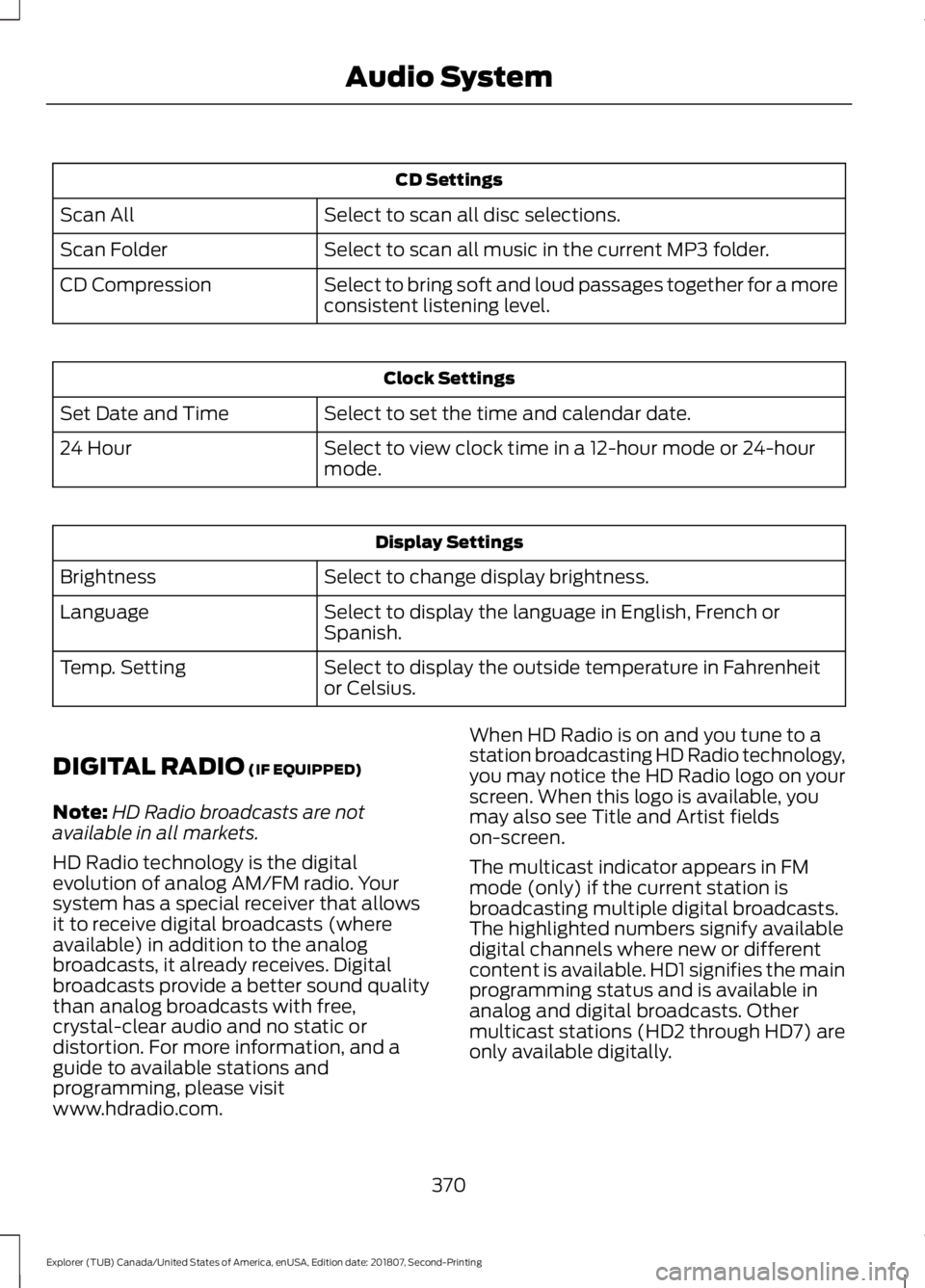 FORD EXPLORER 2019 Owners Manual CD Settings
Select to scan all disc selections.
Scan All
Select to scan all music in the current MP3 folder.
Scan Folder
Select to bring soft and loud passages together for a more
consistent listening FORD EXPLORER 2019 Owners Manual CD Settings
Select to scan all disc selections.
Scan All
Select to scan all music in the current MP3 folder.
Scan Folder
Select to bring soft and loud passages together for a more
consistent listening
