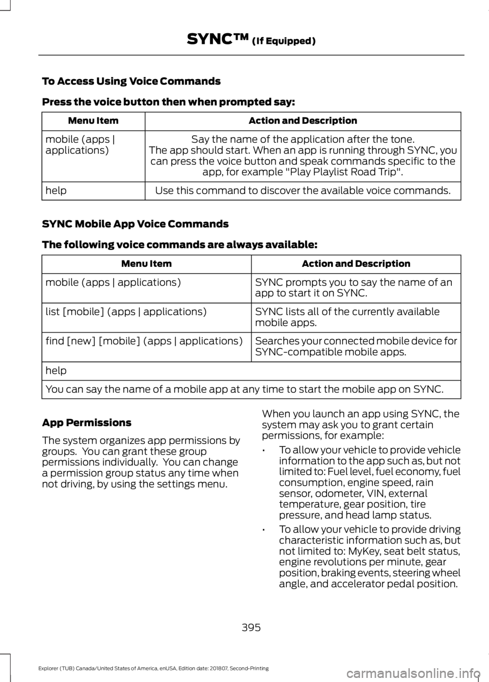 FORD EXPLORER 2019 Owners Manual To Access Using Voice Commands
Press the voice button then when prompted say:
Action and Description
Menu Item
Say the name of the application after the tone.
The app should start. When an app is runn FORD EXPLORER 2019 Owners Manual To Access Using Voice Commands
Press the voice button then when prompted say:
Action and Description
Menu Item
Say the name of the application after the tone.
The app should start. When an app is runn