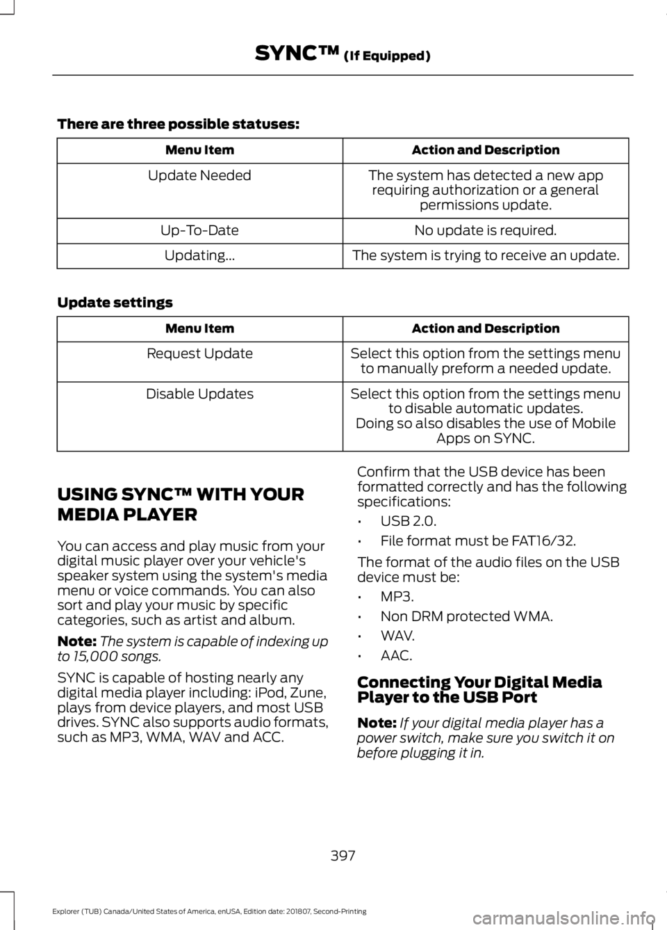 FORD EXPLORER 2019 Owners Manual There are three possible statuses:
Action and Description
Menu Item
The system has detected a new apprequiring authorization or a general permissions update.
Update Needed
No update is required.
Up-To FORD EXPLORER 2019 Owners Manual There are three possible statuses:
Action and Description
Menu Item
The system has detected a new apprequiring authorization or a general permissions update.
Update Needed
No update is required.
Up-To