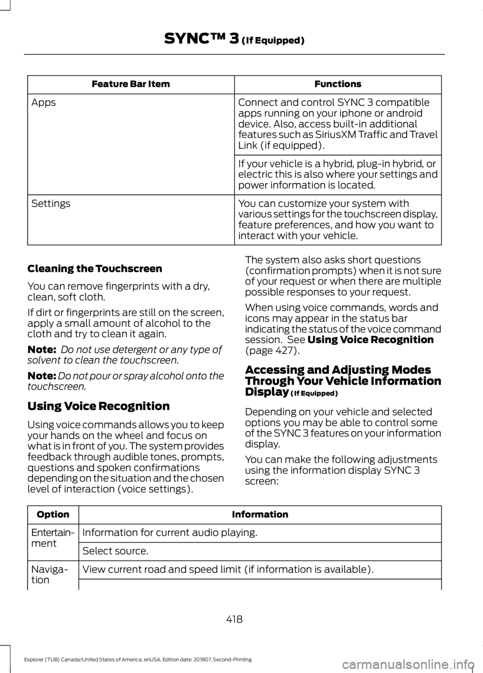 FORD EXPLORER 2019 Owners Manual Functions
Feature Bar Item
Connect and control SYNC 3 compatible
apps running on your iphone or android
device. Also, access built-in additional
features such as SiriusXM Traffic and Travel
Link (if e FORD EXPLORER 2019 Owners Manual Functions
Feature Bar Item
Connect and control SYNC 3 compatible
apps running on your iphone or android
device. Also, access built-in additional
features such as SiriusXM Traffic and Travel
Link (if e