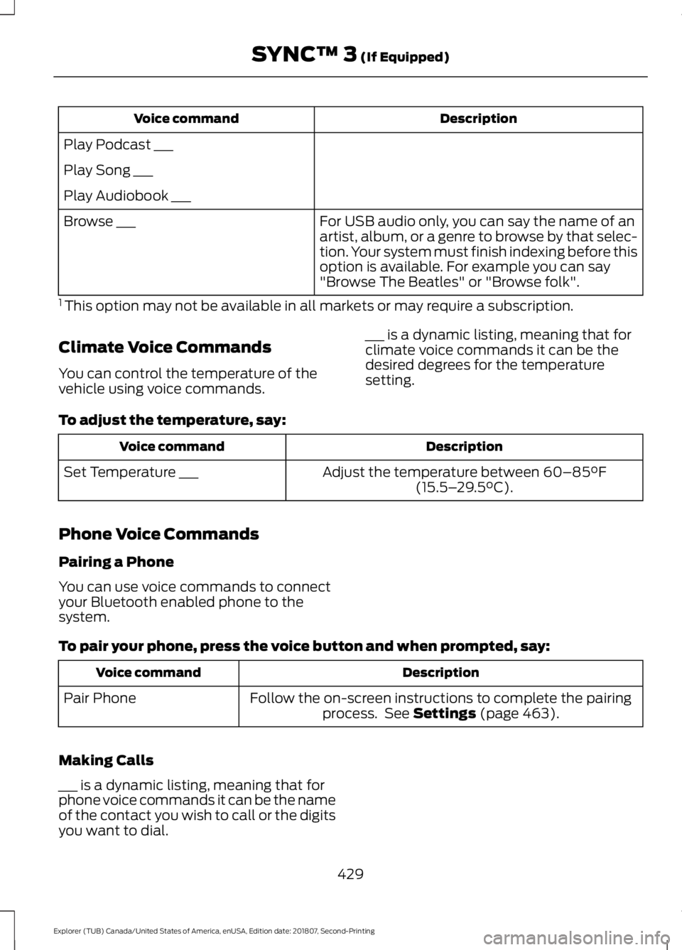 FORD EXPLORER 2019 Owners Manual Description
Voice command
Play Podcast ___
Play Song ___
Play Audiobook ___ For USB audio only, you can say the name of an
artist, album, or a genre to browse by that selec-
tion. Your system must fin FORD EXPLORER 2019 Owners Manual Description
Voice command
Play Podcast ___
Play Song ___
Play Audiobook ___ For USB audio only, you can say the name of an
artist, album, or a genre to browse by that selec-
tion. Your system must fin