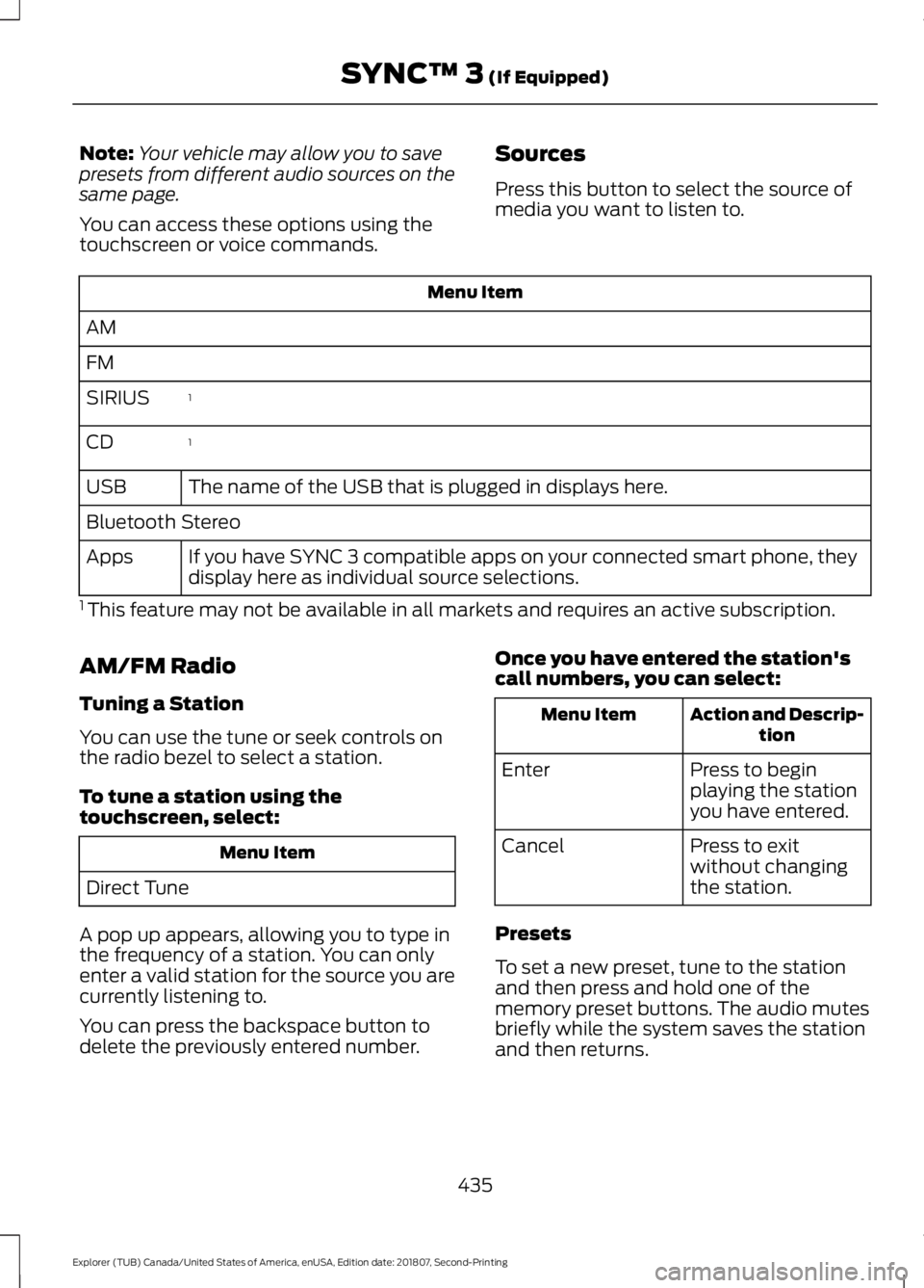 FORD EXPLORER 2019 Owners Manual Note:
Your vehicle may allow you to save
presets from different audio sources on the
same page.
You can access these options using the
touchscreen or voice commands. Sources
Press this button to selec FORD EXPLORER 2019 Owners Manual Note:
Your vehicle may allow you to save
presets from different audio sources on the
same page.
You can access these options using the
touchscreen or voice commands. Sources
Press this button to selec