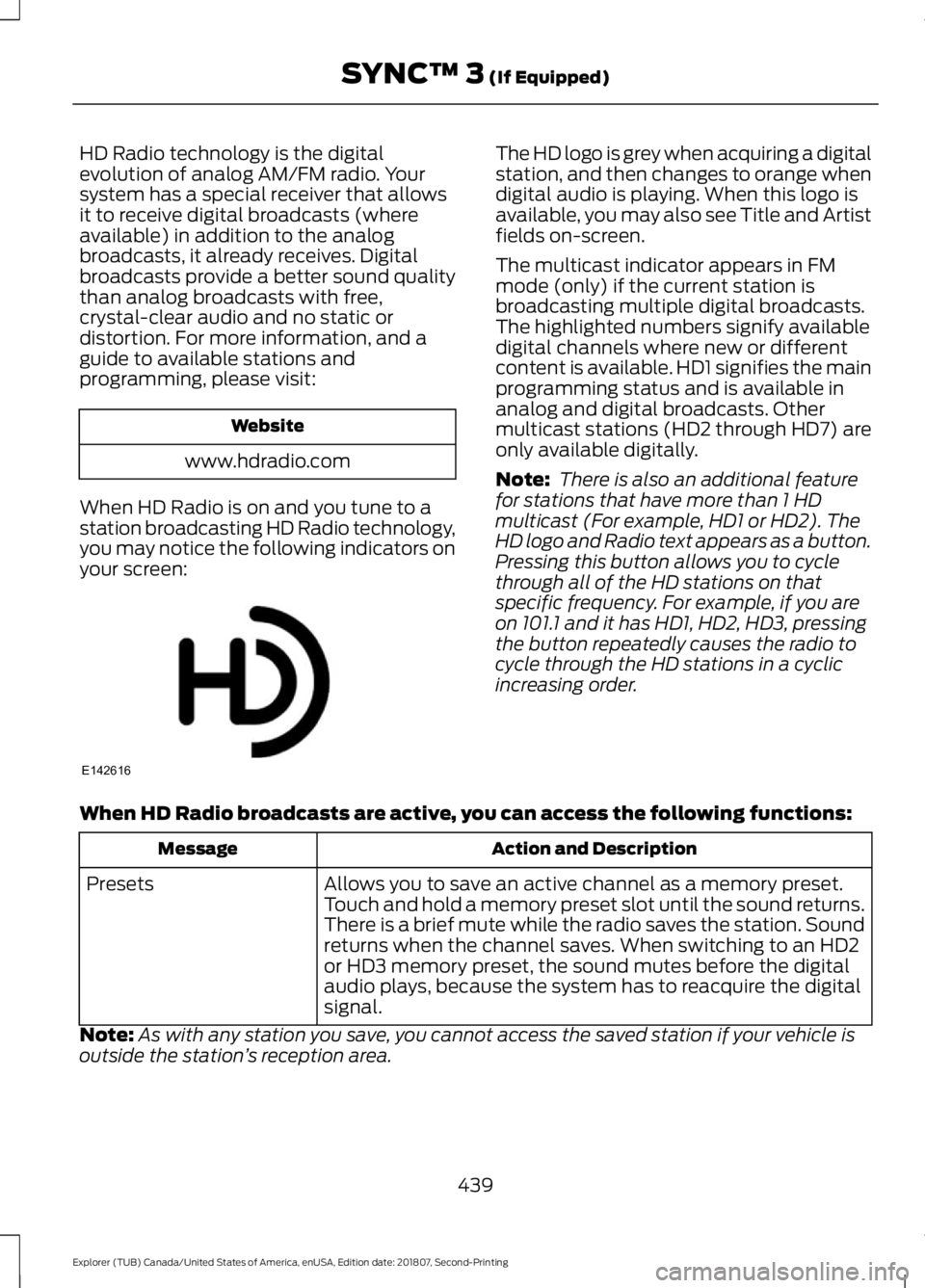 FORD EXPLORER 2019 Owners Manual HD Radio technology is the digital
evolution of analog AM/FM radio. Your
system has a special receiver that allows
it to receive digital broadcasts (where
available) in addition to the analog
broadcas FORD EXPLORER 2019 Owners Manual HD Radio technology is the digital
evolution of analog AM/FM radio. Your
system has a special receiver that allows
it to receive digital broadcasts (where
available) in addition to the analog
broadcas