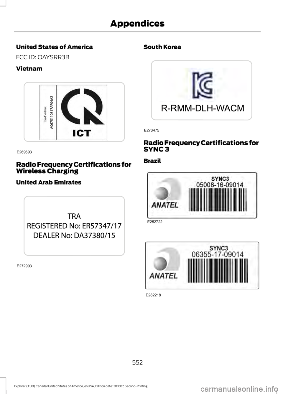 FORD EXPLORER 2019 Owners Manual United States of America
FCC ID: OAYSRR3B
Vietnam
Radio Frequency Certifications for
Wireless Charging
United Arab Emirates South Korea
Radio Frequency Certifications for
SYNC 3
Brazil
552
Explorer (T FORD EXPLORER 2019 Owners Manual United States of America
FCC ID: OAYSRR3B
Vietnam
Radio Frequency Certifications for
Wireless Charging
United Arab Emirates South Korea
Radio Frequency Certifications for
SYNC 3
Brazil
552
Explorer (T