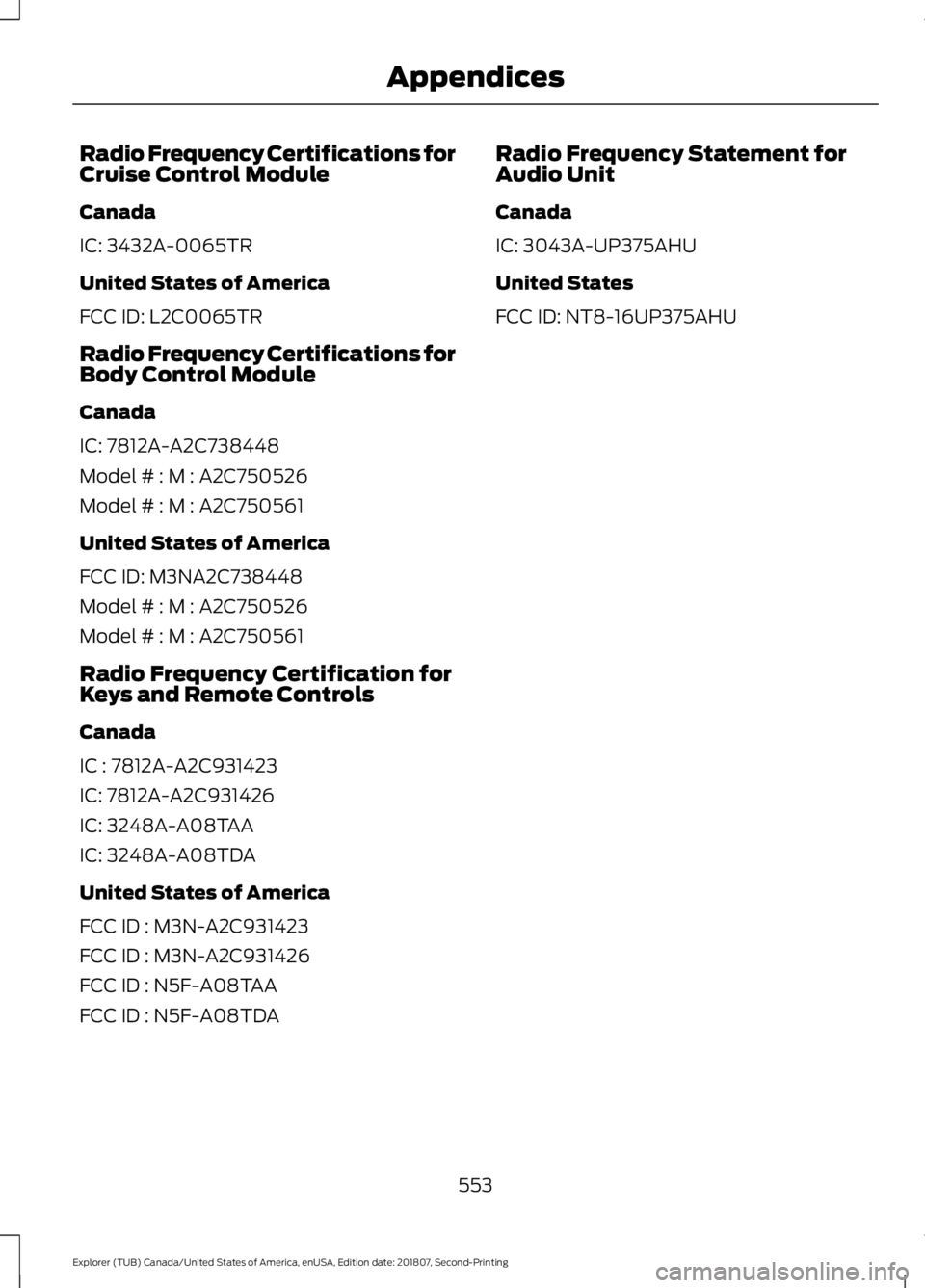 FORD EXPLORER 2019 Owners Manual Radio Frequency Certifications for
Cruise Control Module
Canada
IC: 3432A-0065TR
United States of America
FCC ID: L2C0065TR
Radio Frequency Certifications for
Body Control Module
Canada
IC: 7812A-A2C7 FORD EXPLORER 2019 Owners Manual Radio Frequency Certifications for
Cruise Control Module
Canada
IC: 3432A-0065TR
United States of America
FCC ID: L2C0065TR
Radio Frequency Certifications for
Body Control Module
Canada
IC: 7812A-A2C7