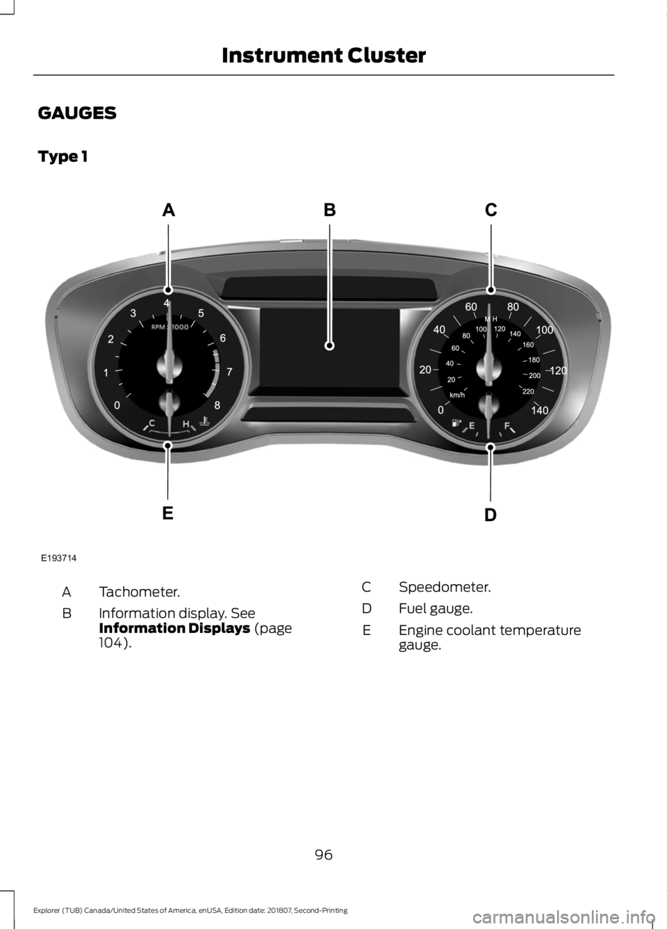 FORD EXPLORER 2019 Owners Manual GAUGES
Type 1
Tachometer.
A
Information display. See
Information Displays (page
104).
B
Speedometer.
C
Fuel gauge.
D
Engine coolant temperature
gauge.
E
96
Explorer (TUB) Canada/United States of Ameri FORD EXPLORER 2019 Owners Manual GAUGES
Type 1
Tachometer.
A
Information display. See
Information Displays (page
104).
B
Speedometer.
C
Fuel gauge.
D
Engine coolant temperature
gauge.
E
96
Explorer (TUB) Canada/United States of Ameri