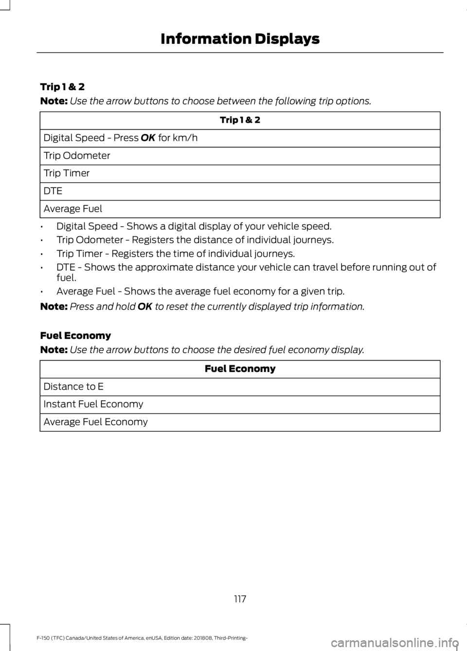 FORD F-150 2019 Owners Manual Trip 1 & 2
Note:
Use the arrow buttons to choose between the following trip options. Trip 1 & 2
Digital Speed - Press OK for km/h
Trip Odometer
Trip Timer
DTE
Average Fuel
• Digital Speed - Shows a FORD F-150 2019 Owners Manual Trip 1 & 2
Note:
Use the arrow buttons to choose between the following trip options. Trip 1 & 2
Digital Speed - Press OK for km/h
Trip Odometer
Trip Timer
DTE
Average Fuel
• Digital Speed - Shows a